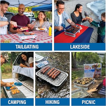 Pull Start Fire Grill | Single Use Portable Disposable Charcoal BBQ with Pull Start Matchless Ignition | Ready in 5 Min, 3 Hour Burn | Camping, Tailgating, Outdoor Cooking, No Cleanup Needed