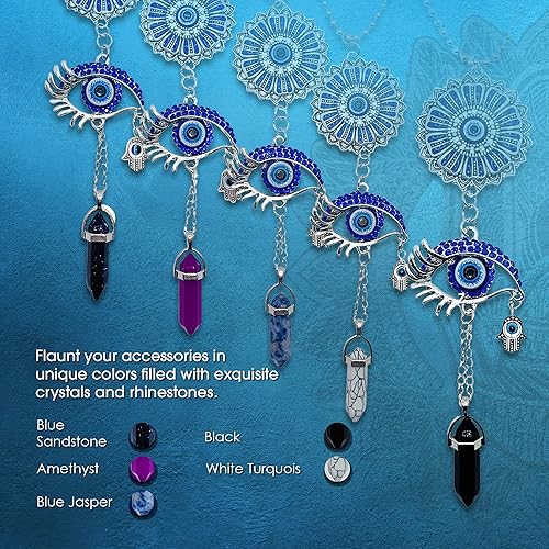 Miniatura 2 de LUCKBOOSTIUM Adorno plateado contra el mal de ojo con cadena de bolas con cristal azul, mano de Hamsa, piedra colgante – para buena suerte y Blanco