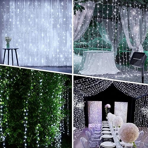 Miniatura 6 de 304 luces LED solares de cortina con control remoto con 8 modos, luces de Navidad al aire libre impermeables para ventana, patio, jardín, balcón,
