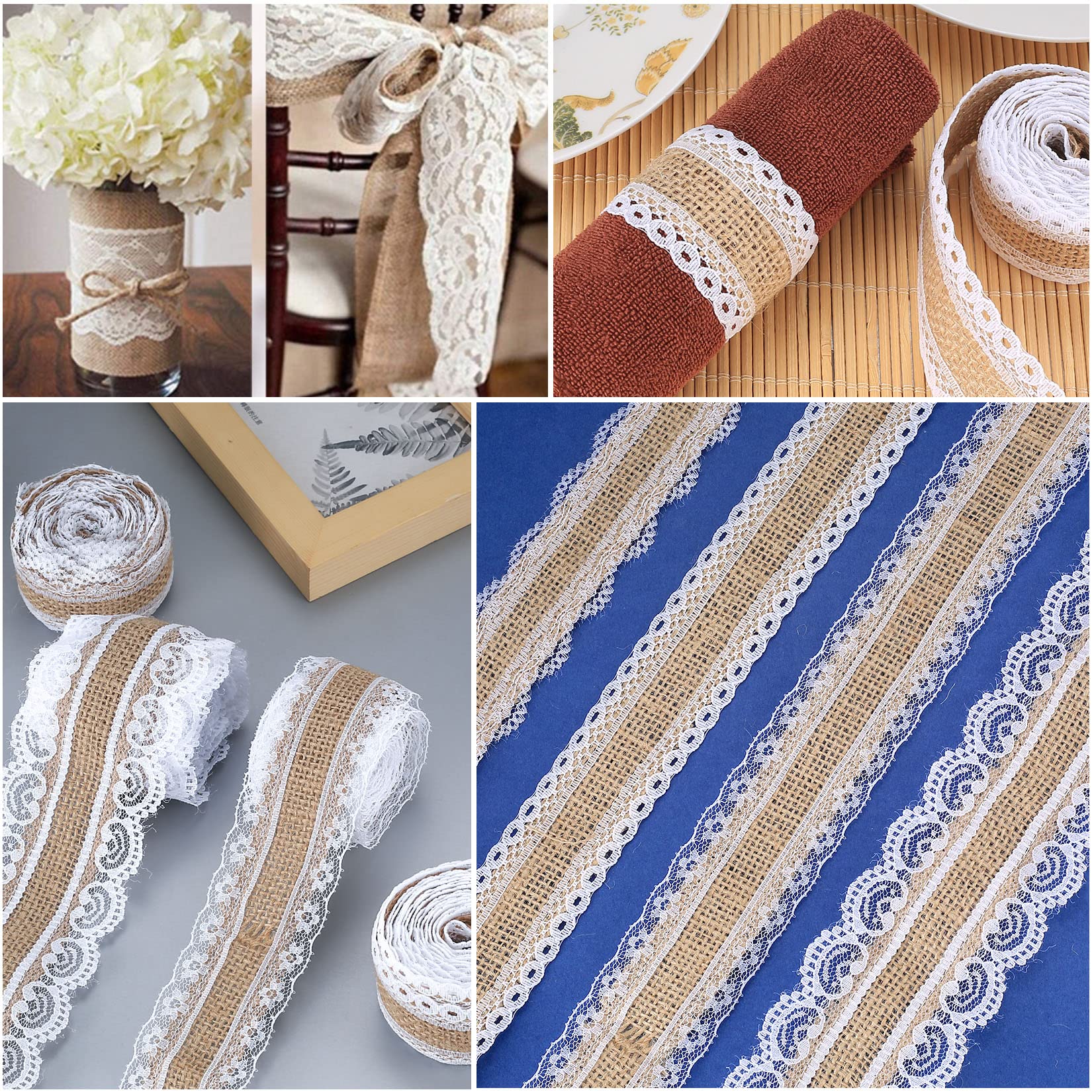 8 Pièces Ruban Dentelle Et Jute - Toile, Naturel, Rouleau Pour Cadeaux, Bricolage, Deco Mariage Champetre