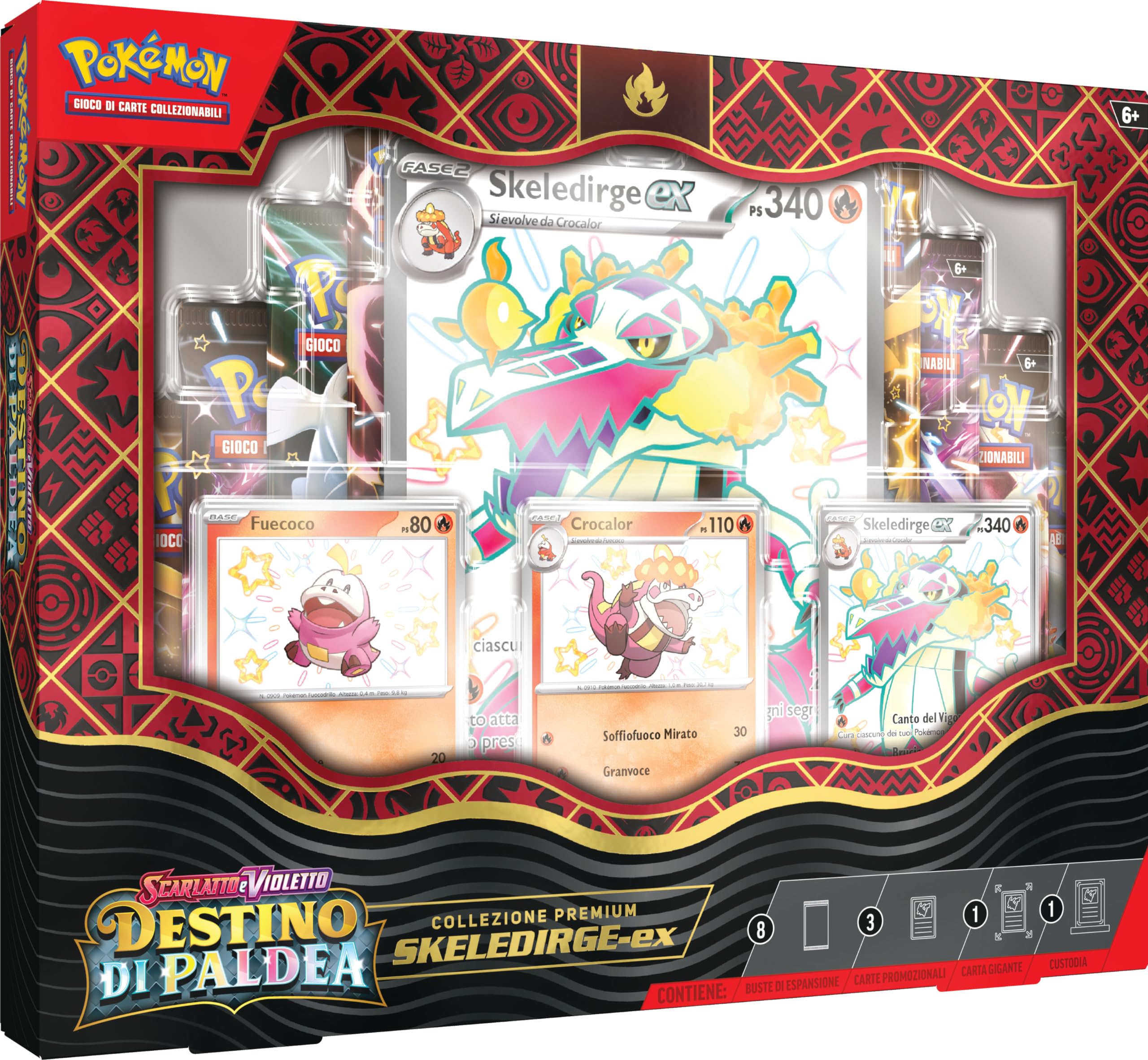 Pokémon- Colección Premium Skeledirge-ex Escarlata y Violeta Destino de Paldea (3 promocionales holográficas, 1 Carta Gigante y 8 Sobres de expansión) (290-60459)