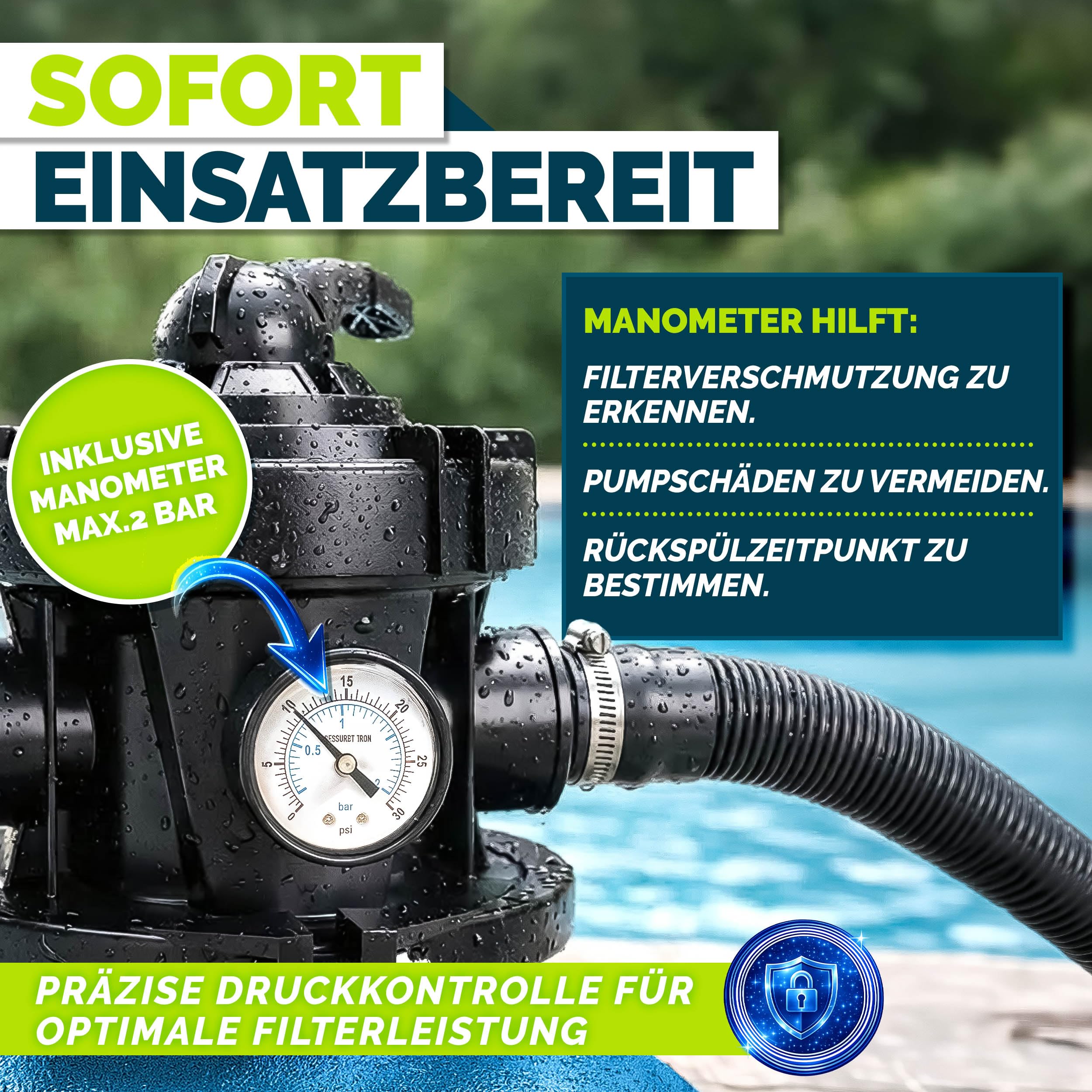 tillvex® Sandfilter Pool ohne Pumpe + Filterbälle | Filterkessel Poolfilter inkl. Adapter Ø32-38mm | Sandfilterkessel + 7-Wege-Ventil, Manometer & Saugschlauch (Blau, Bis 21 m³ (21.000 Liter) Pools)