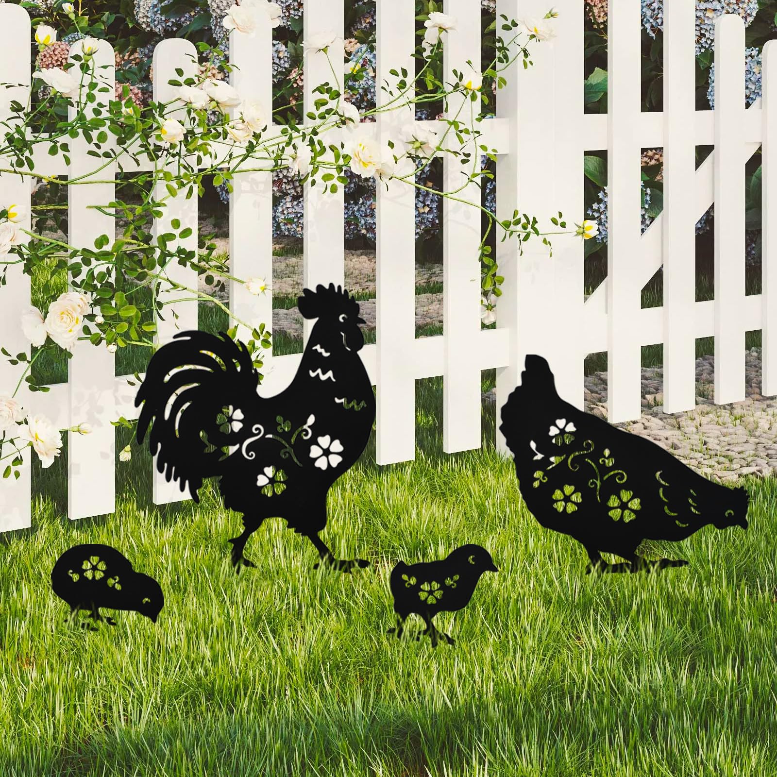 Lot de 4 décorations de jardin en métal, décoration de coq, cadeaux pour dames et messieurs, silhouette de coq noire, statues pour l'extérieur, jardin, cour, terrasse