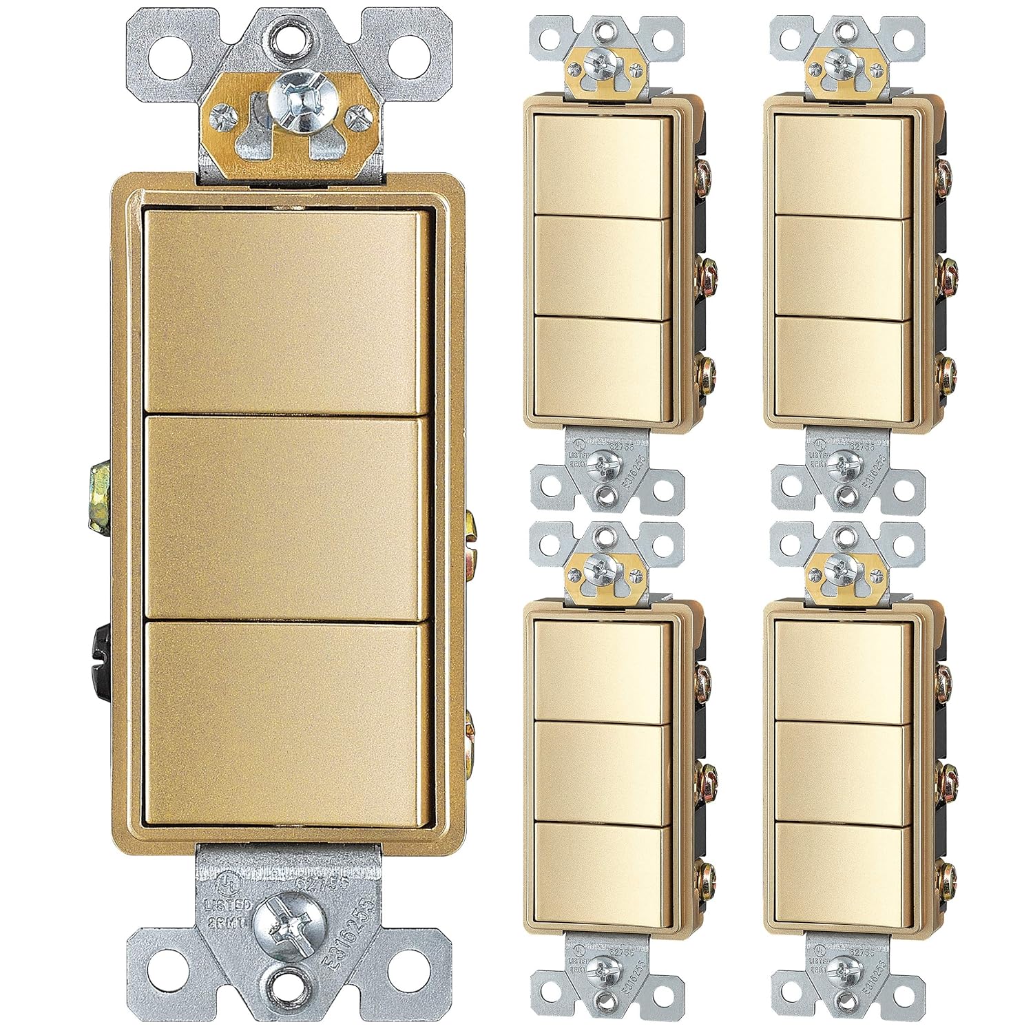 ENERLITES Triple Paddle Rocker Decorator Switch, Clamp-Type Back Insert, Copper Wires Only, Single Pole, Residential/Commercial Grade,UL Listed, 62755-GD-5PCS, Gold (5 Pack)
