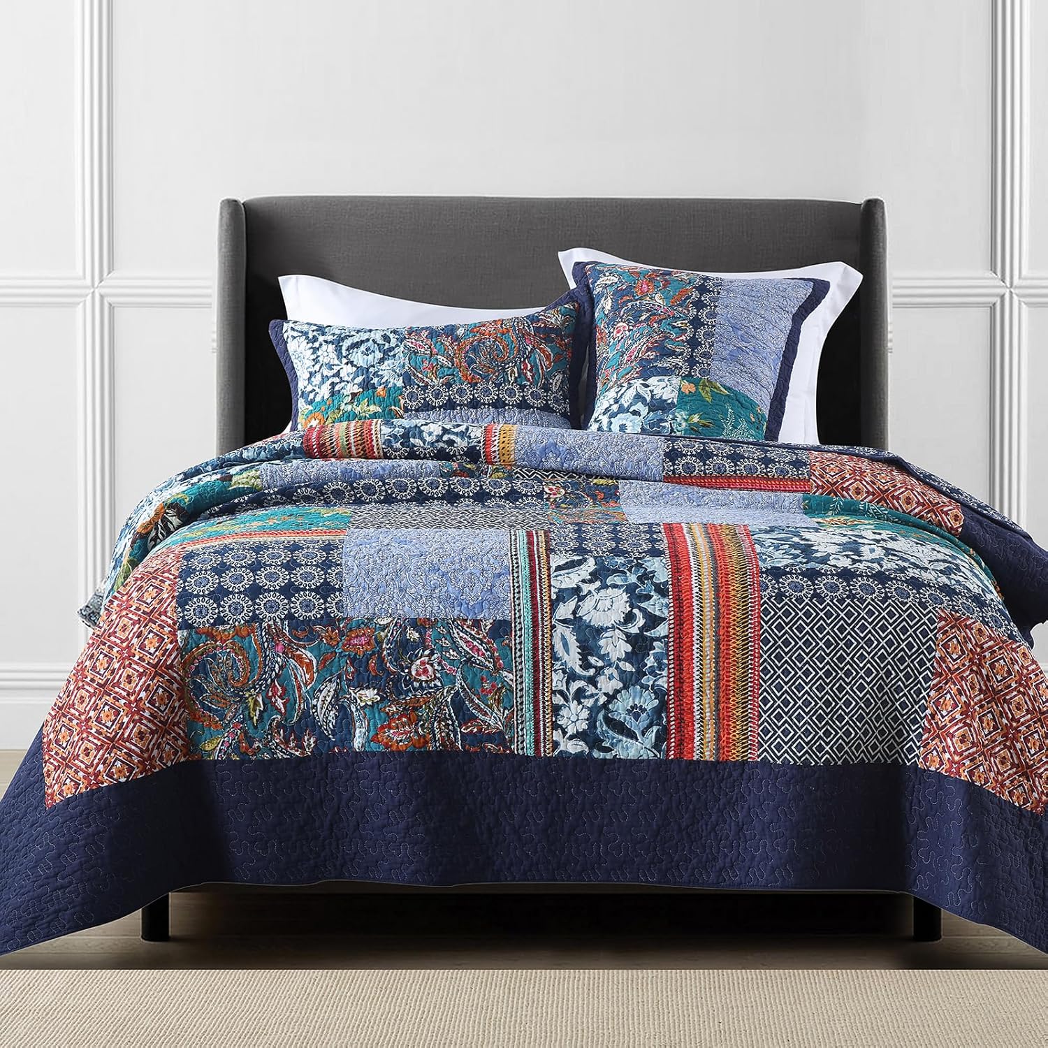 King Quilt Sets, 100% Cotton Quilts King Size, Navy Bedspreads, Patchwork with Retr...