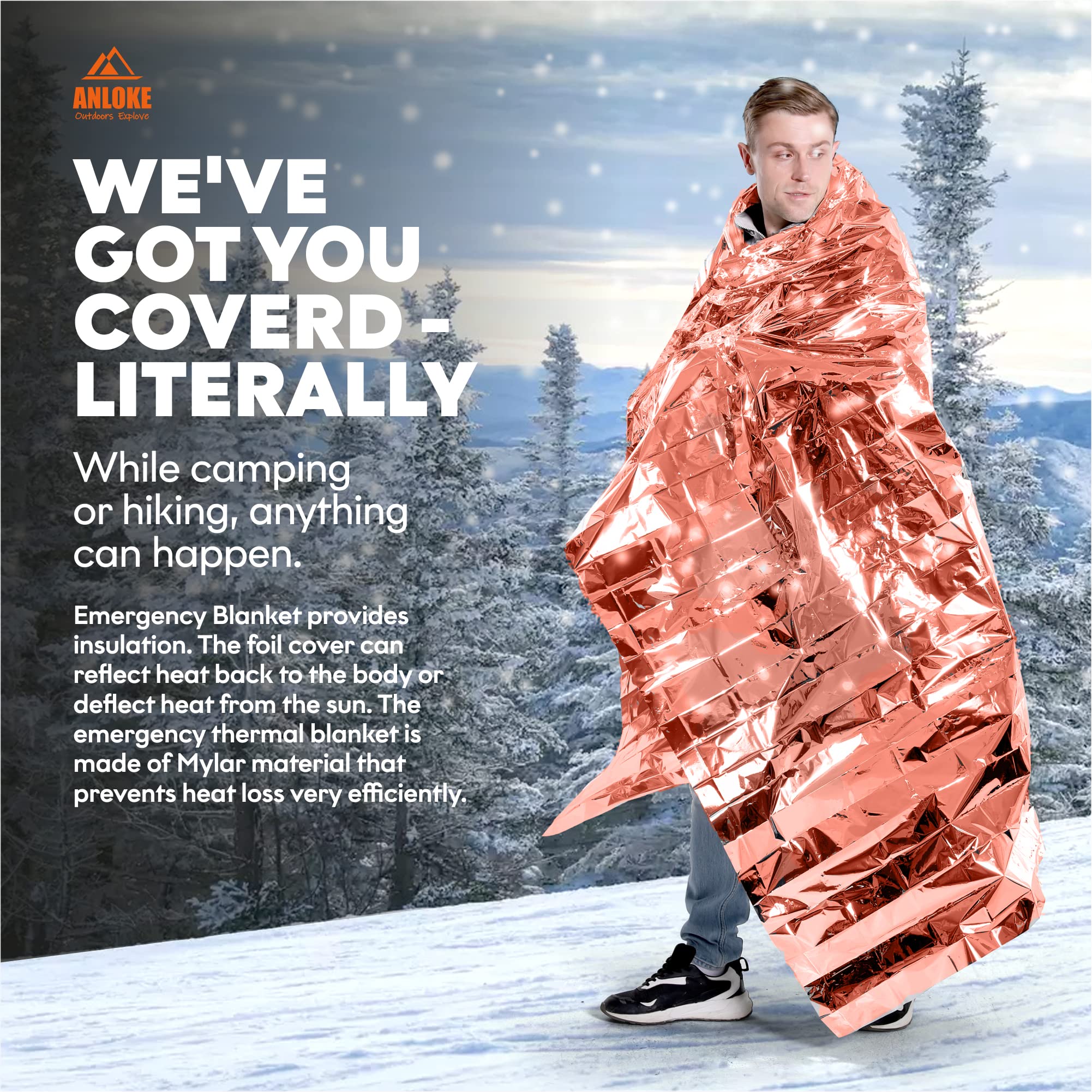 Manta térmica de emergencia de Mylar (paquete de 5) de manta espacial gigantesca de 82 x 52 pulgadas, mantas de supervivencia, equipo de campamento resistente, primeros auxilios, plateado y naranja