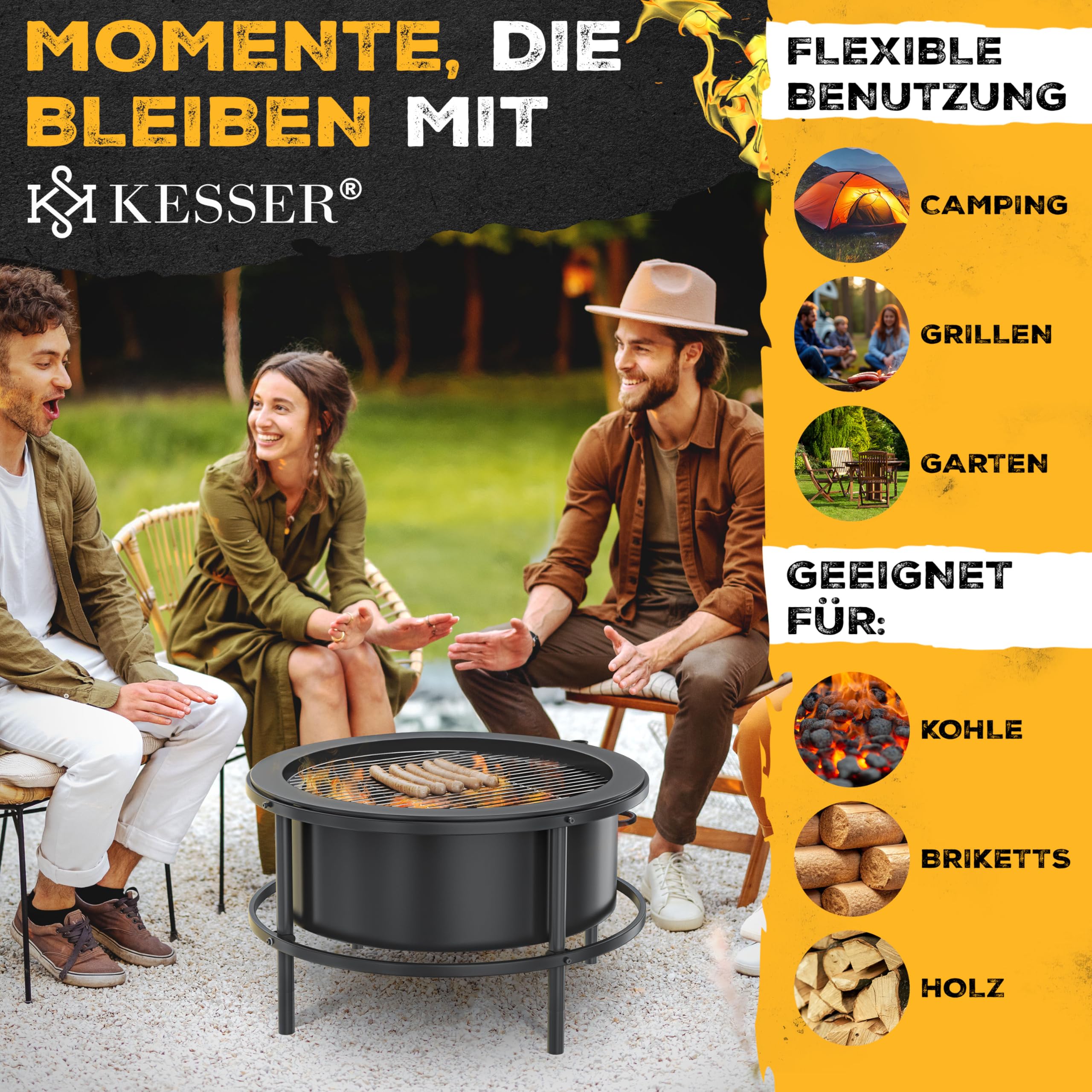 KESSER® Feuerschale mit Grillrost Ø65cm Feuerkorb 0,6mm Kaltveredelter Stahl | Mobile Feuertonne mit Reifen | Holz & Kohle Feuerstelle inkl. 60cm Feuerhaken aus Gusseisen, Ø52cm, Bürste & Cover