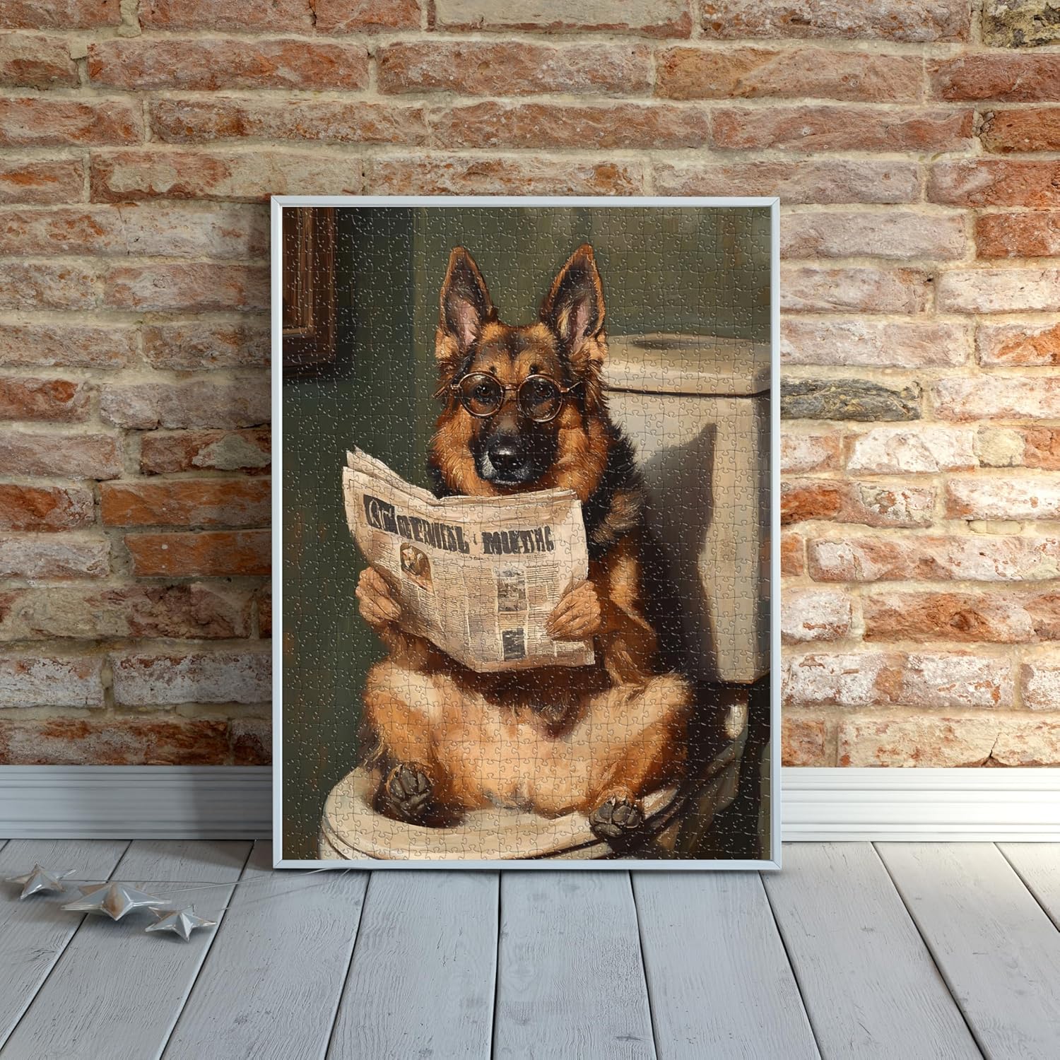 German Shepherd on Toilet Jigsaw Puzzle 1000 Pieces for Adults - Quirky Dog Reading Newspaper with Glasses - 1000pc Dog Bathroom Decor Puzzles (50x70cm / 19.685"x27.559")