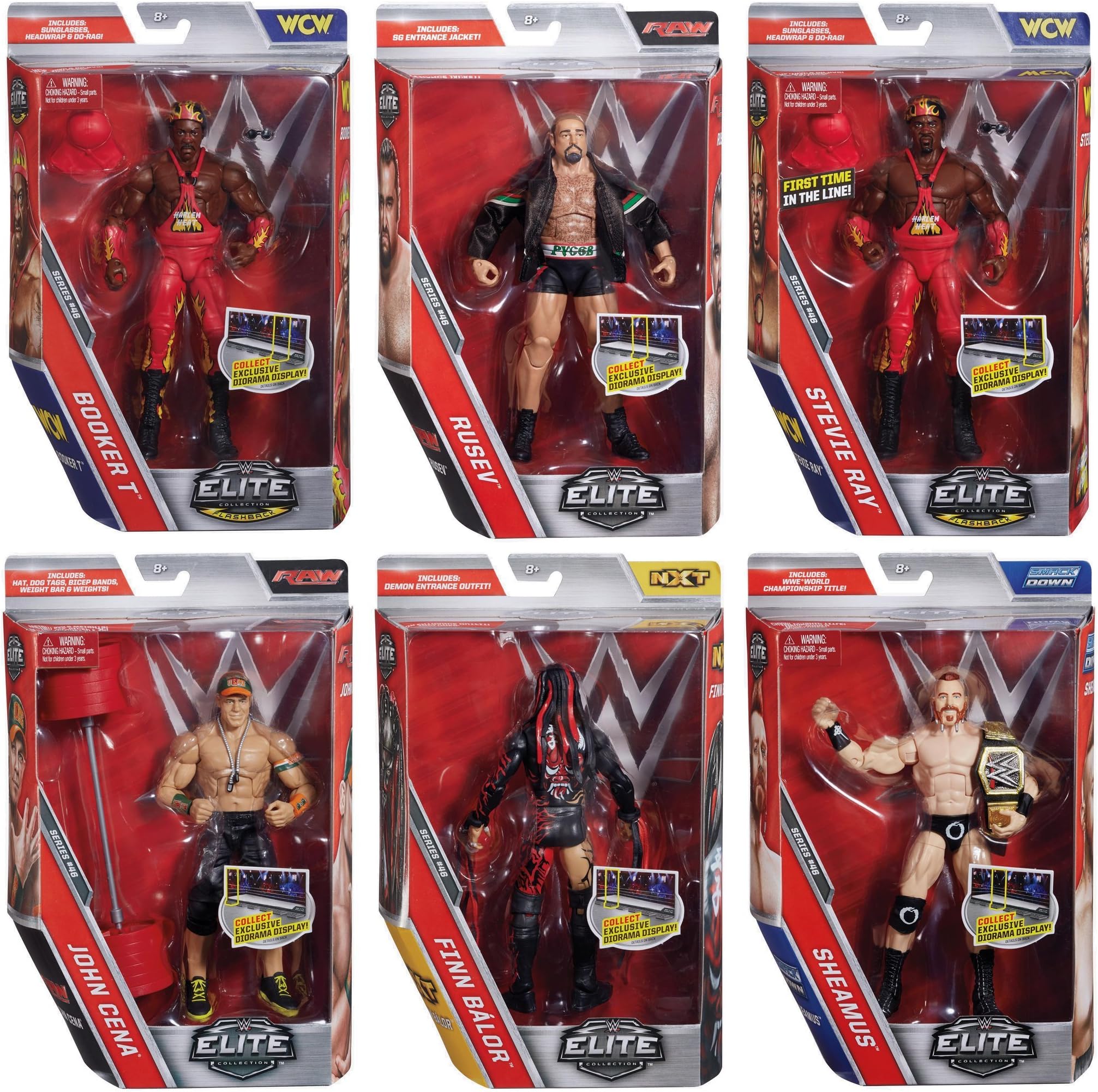 WWE Elite Series #46 Collection John Cena - Demon Finn Balor - Sheamus - Rusev - Harlem Heat Booker T - Stevie Ray Deluxe Wrestling Action Figures Toy (Collector Set of 6) WWF Raw Smackdown WCW NXT