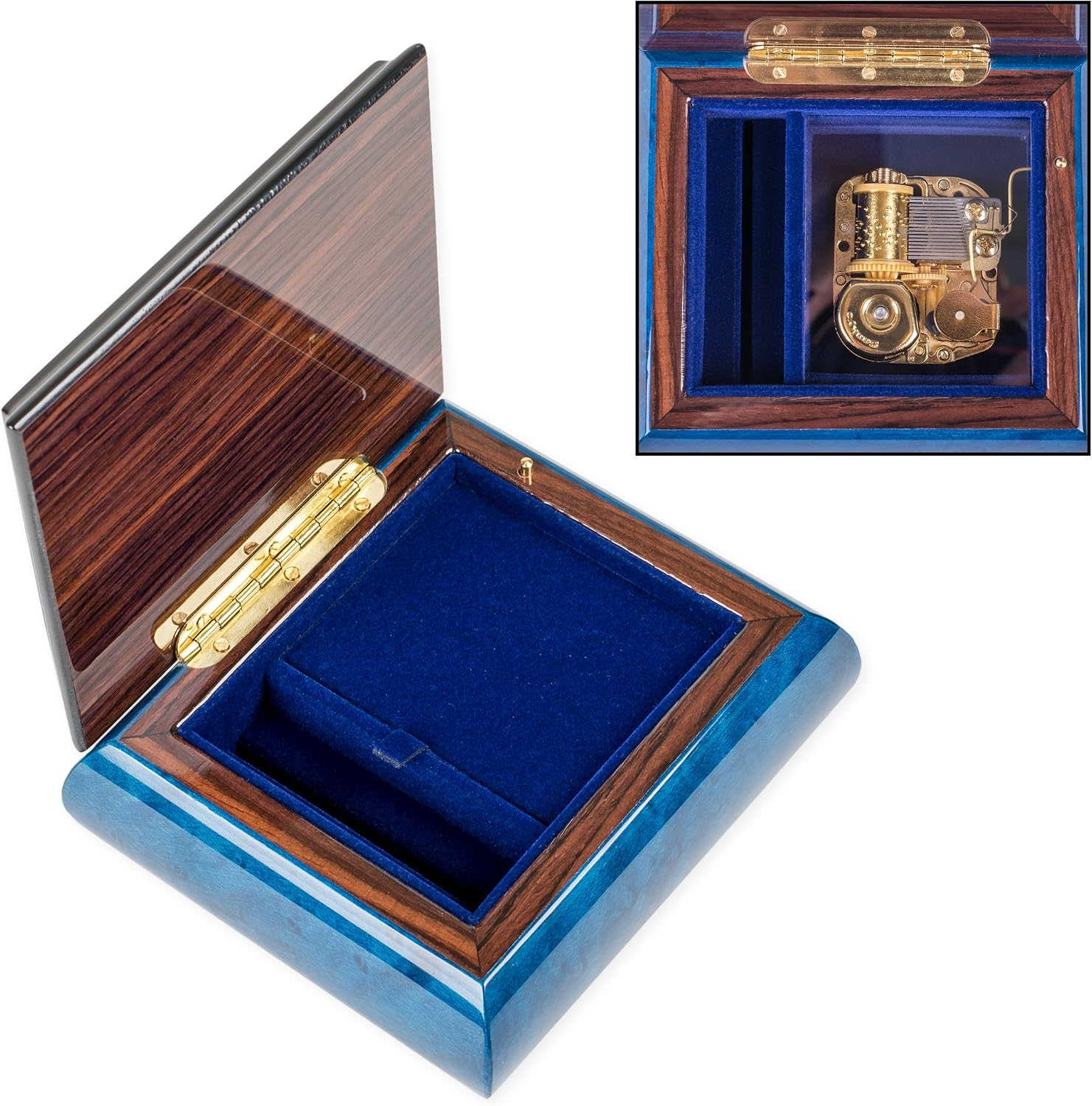 Dark Blue Butterfly Italian Hand Crafted Inlaid Elm Wood Musical Box Plays Tune Minuet Serenade #11 by Mozart