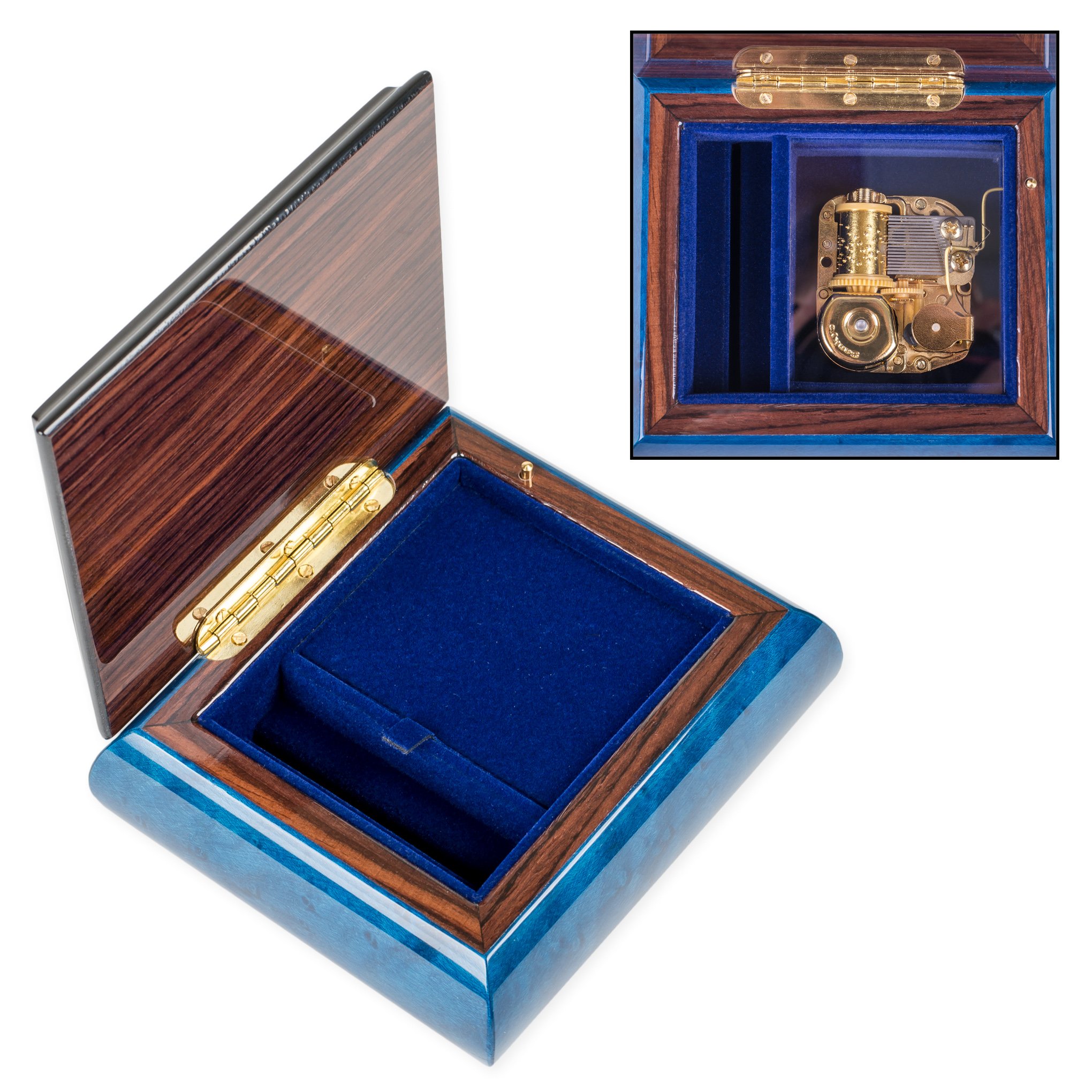 Blu scuro farfalla italiana realizzata a mano in legno di olmo Musical box plays Tune Blue Danube Waltz