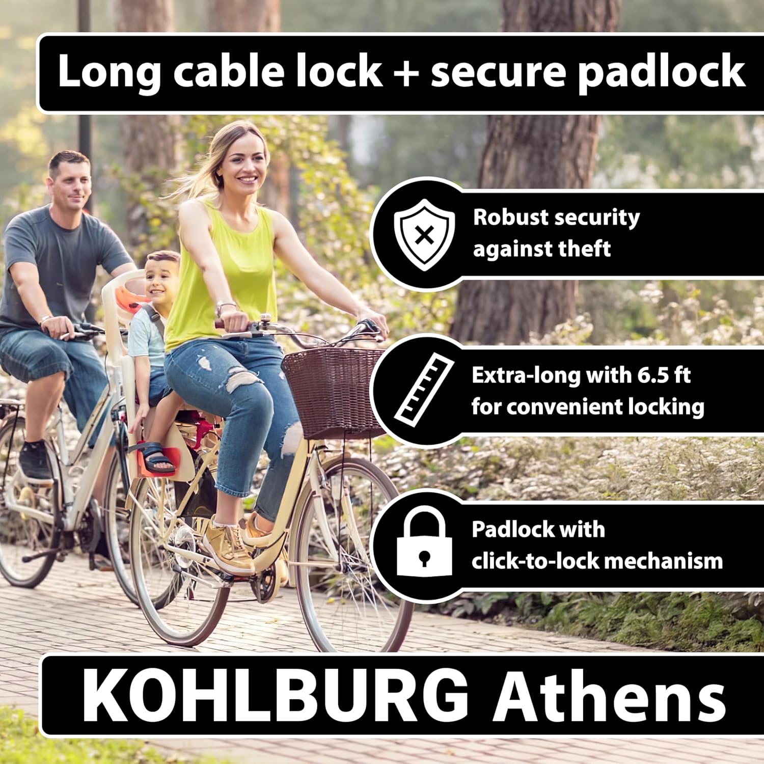 KOHLBURG Bike Cable Lock 6.5ft Long – Key Lock [Easy-Click Closure, 3 Keys] & 6.5 Feet Loop Cable for Bikes & Garden Furniture, 78" Security Steel Cable for Bicycles, Scooter, Bike Trailers & Stroller