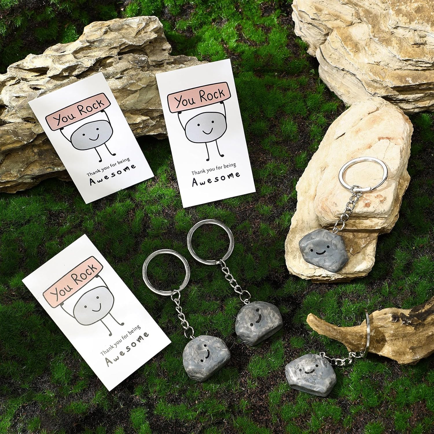Gemscream 100 Set Inspirational You Rock Gifts Bulk Smile Stone Keychain with Thank You for Being Awesome Rock Card Employee Appreciation Gift for Office Coworker Staff Volunteer Team Teacher Nurse