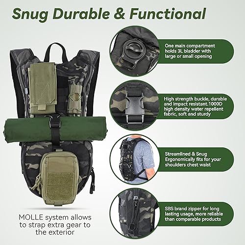 Miniatura 3 de MARCHWAY Mochila táctica de hidratación Molle con bolsa de agua de TPU de 3 litros, mochila militar para ciclismo, senderismo, correr, escalada,