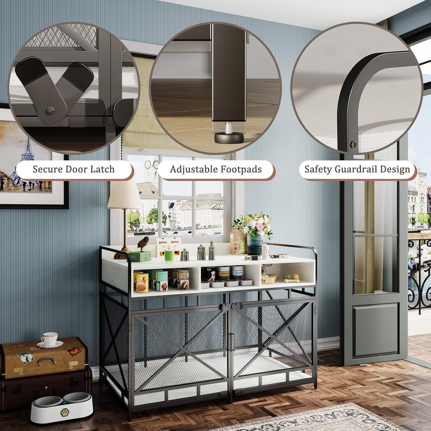 Fulhope Dog Crate Furniture, 48" Heavy Duty Wooden Dog Crate End Table, XL Dog Kennel Furniture Large Breed, Decorative Dog Kennel Indoor with 3 Drawers & Steel Tubes 48" L x28 W x36 H (White)