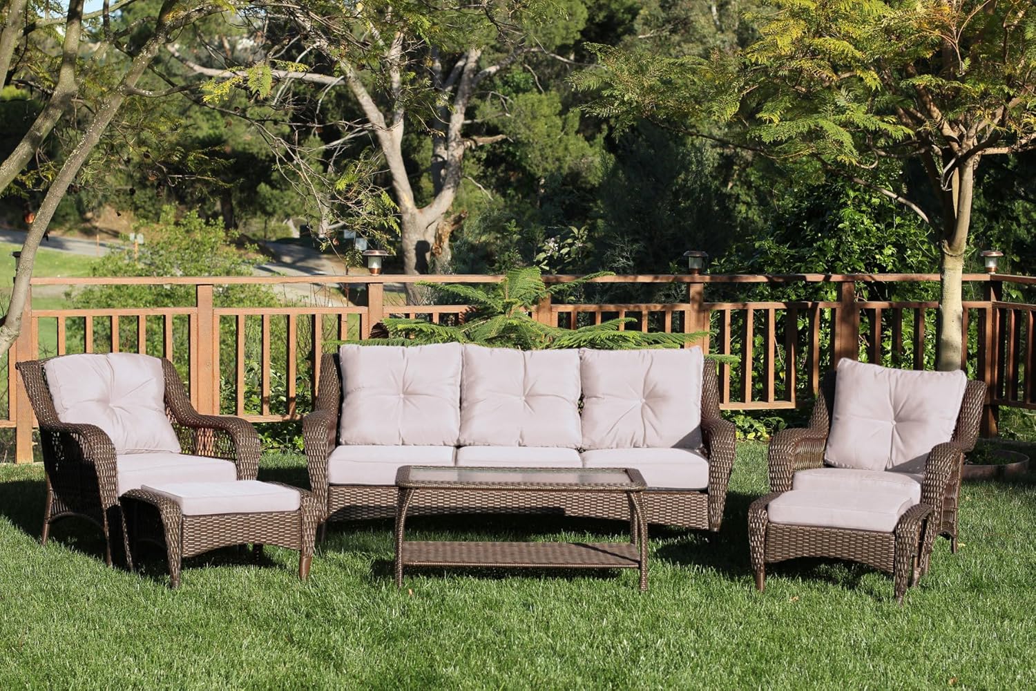 Jeco 6 Piece Wicker Seating Set with with Blue Cushions, Espresso: Furniture & Decor