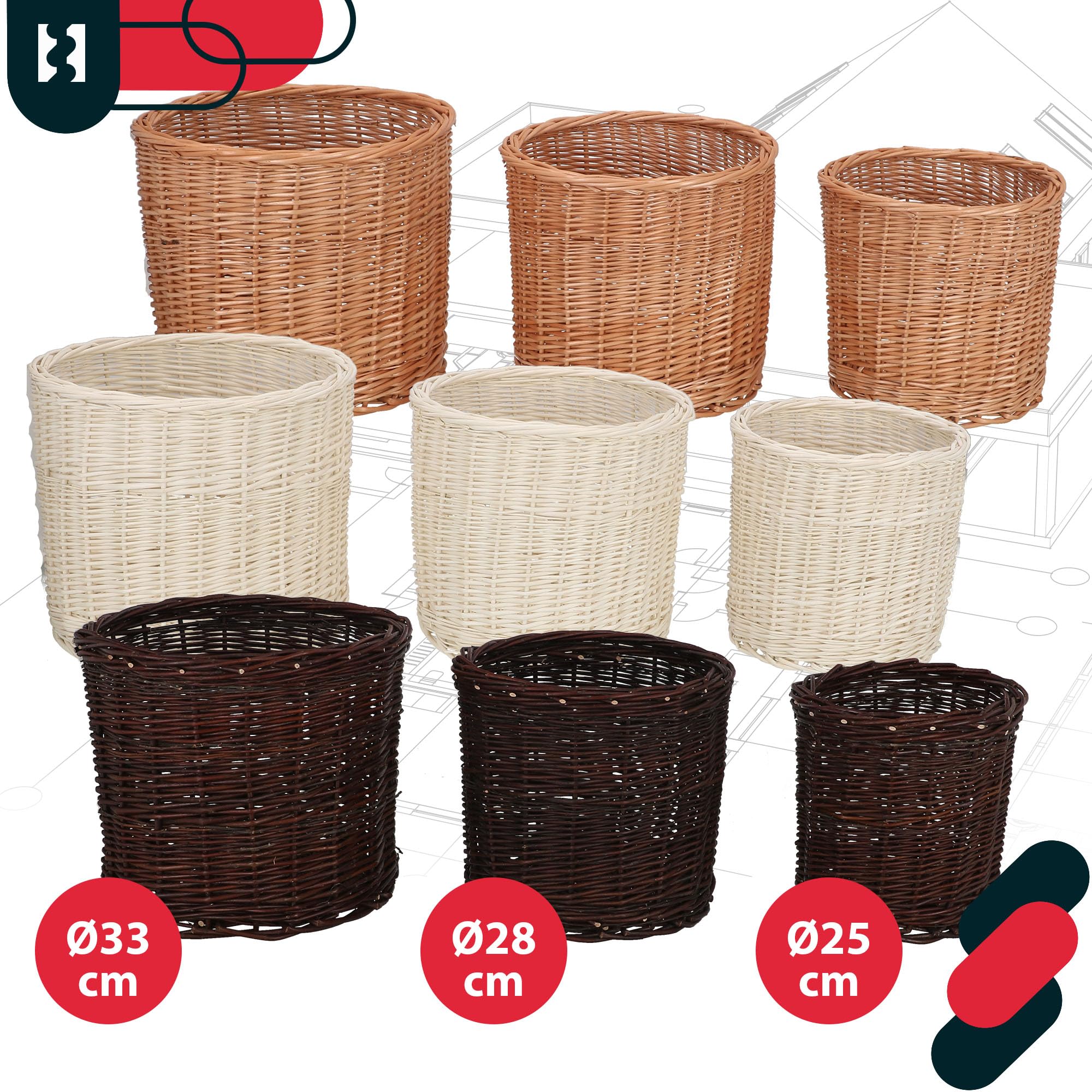KOTARBAU® 2 x De Fleur en Osier pour Balcon Naturel 25x23cm Cache Pot Plante Interieur |Cache-Pots De Fleurs |Cache-Pot Osier |Panier Plante |Panier Osier Plante |Cache Pot Rotin |Grand Cache Pot