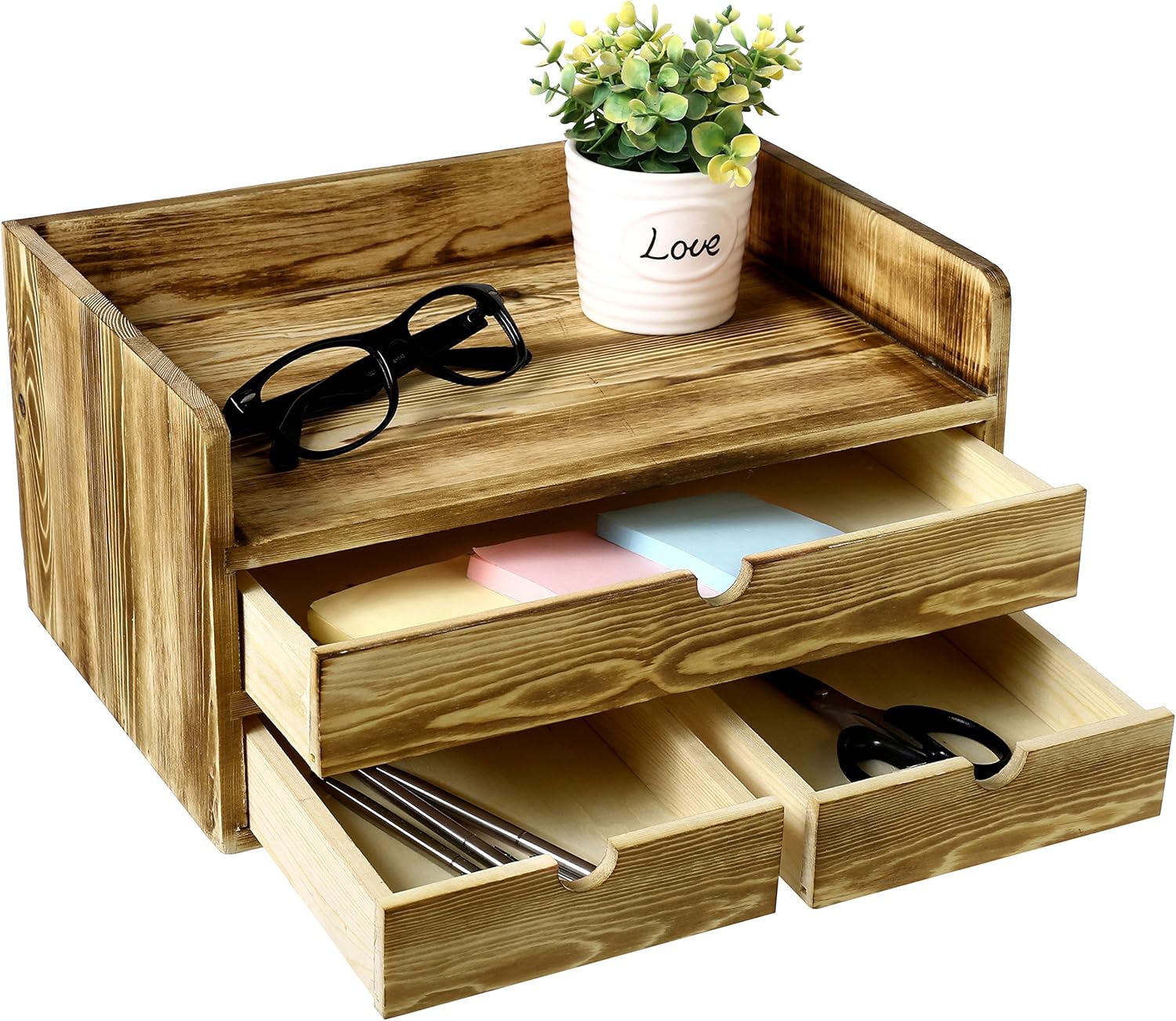 MyGift Torched Wood Desk Organizer, Document and Paper Holder Cabinet with 3 Drawer Office Supplies Storage Organizer