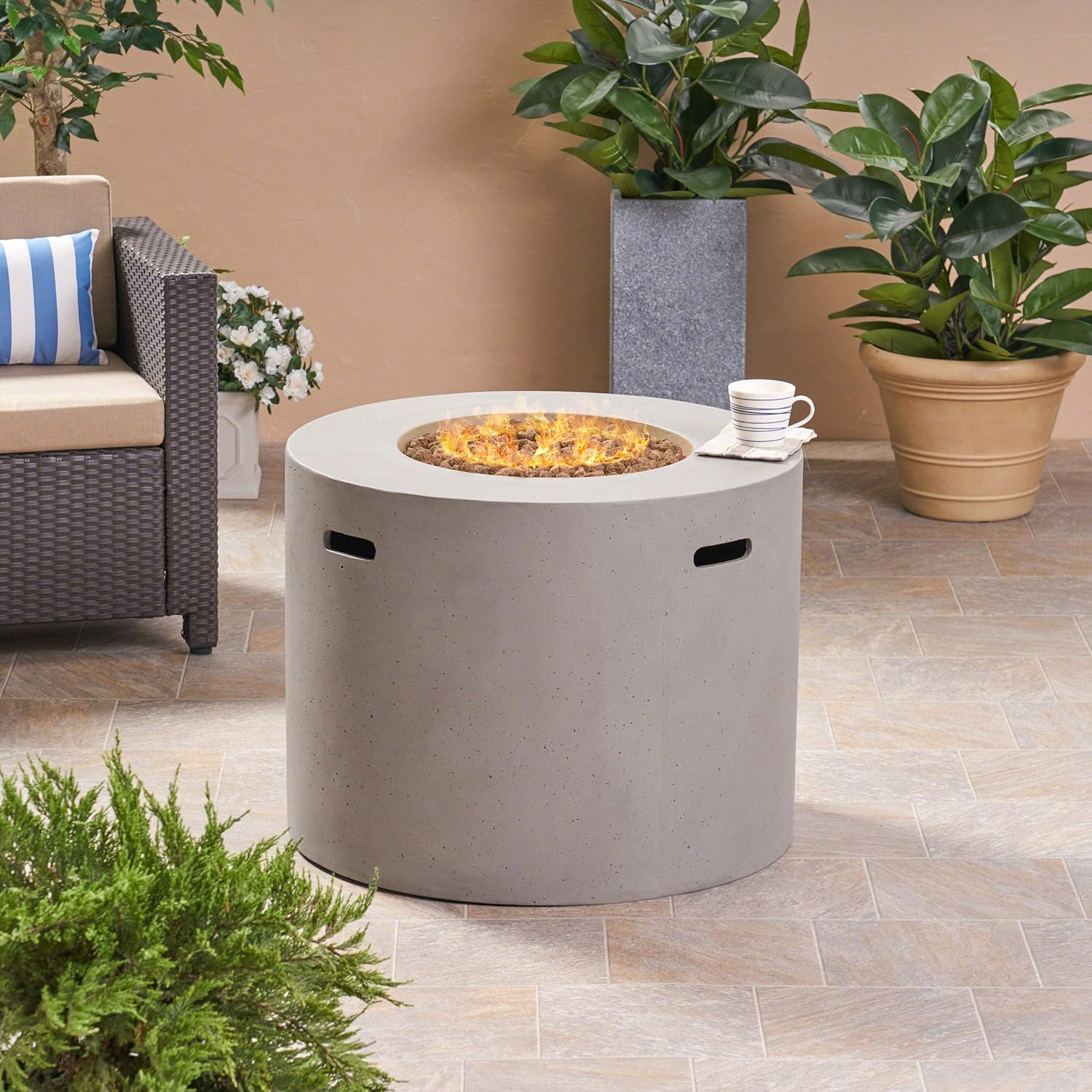 Noble House Aidan 31" Round Light Weight Concrete Gas Fire Pit in Light Gray