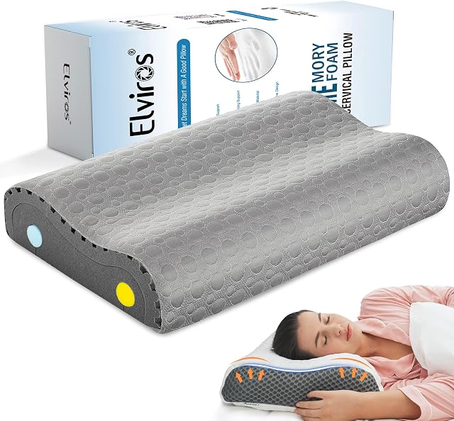 Elviros Cervical Memory Foam Neck Pillow, Adjustable Contour Orthopedic Pillow for Side Sleeping, Ergonomic Bed Pillow for Back and Stomach Sleepers(Grey