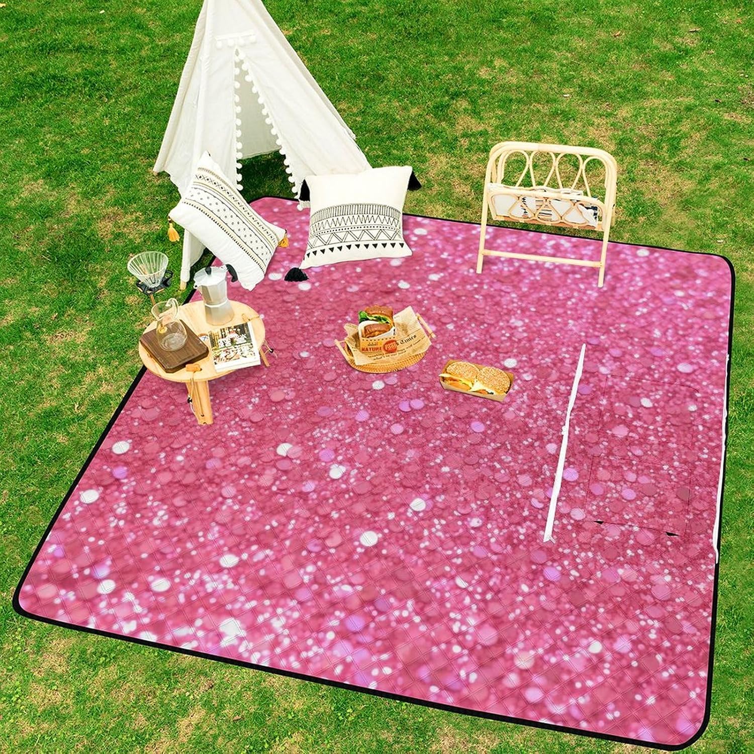 Picnic Blankets,Sparkling Glitter Printed Picnic Blankets Waterproof Foldable,Large Picnic Blanket,Handy Mat Tote with Zipper Pocket for Camping on Grass