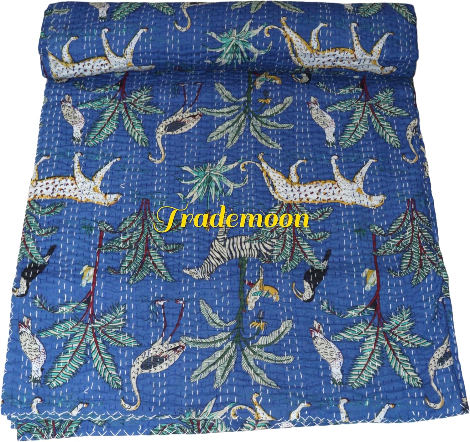 Indian Handmade Animal Print Cotton Kantha Quilt, Bedspread, Blanket Size (King 108" x 108")