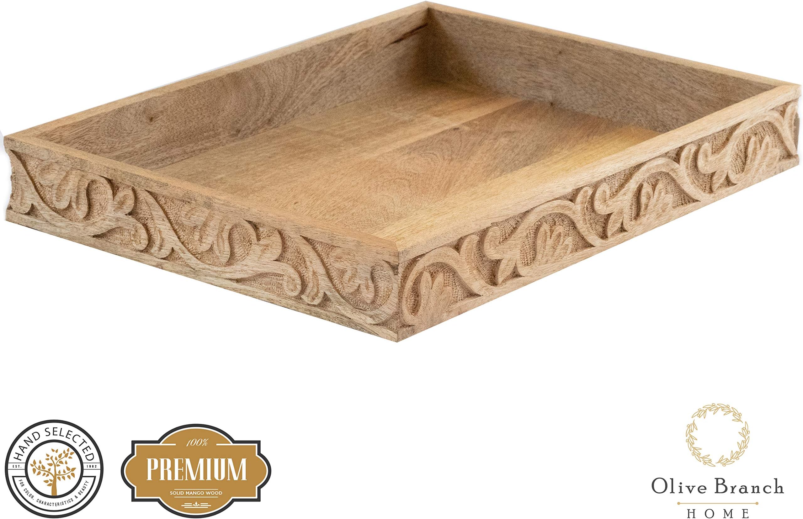 Olive Branch Home Wooden Decorative Serving Tray & Coffee Table Tray, Beautifully Carved Natural Mango Wood 16.25-in x 12-in