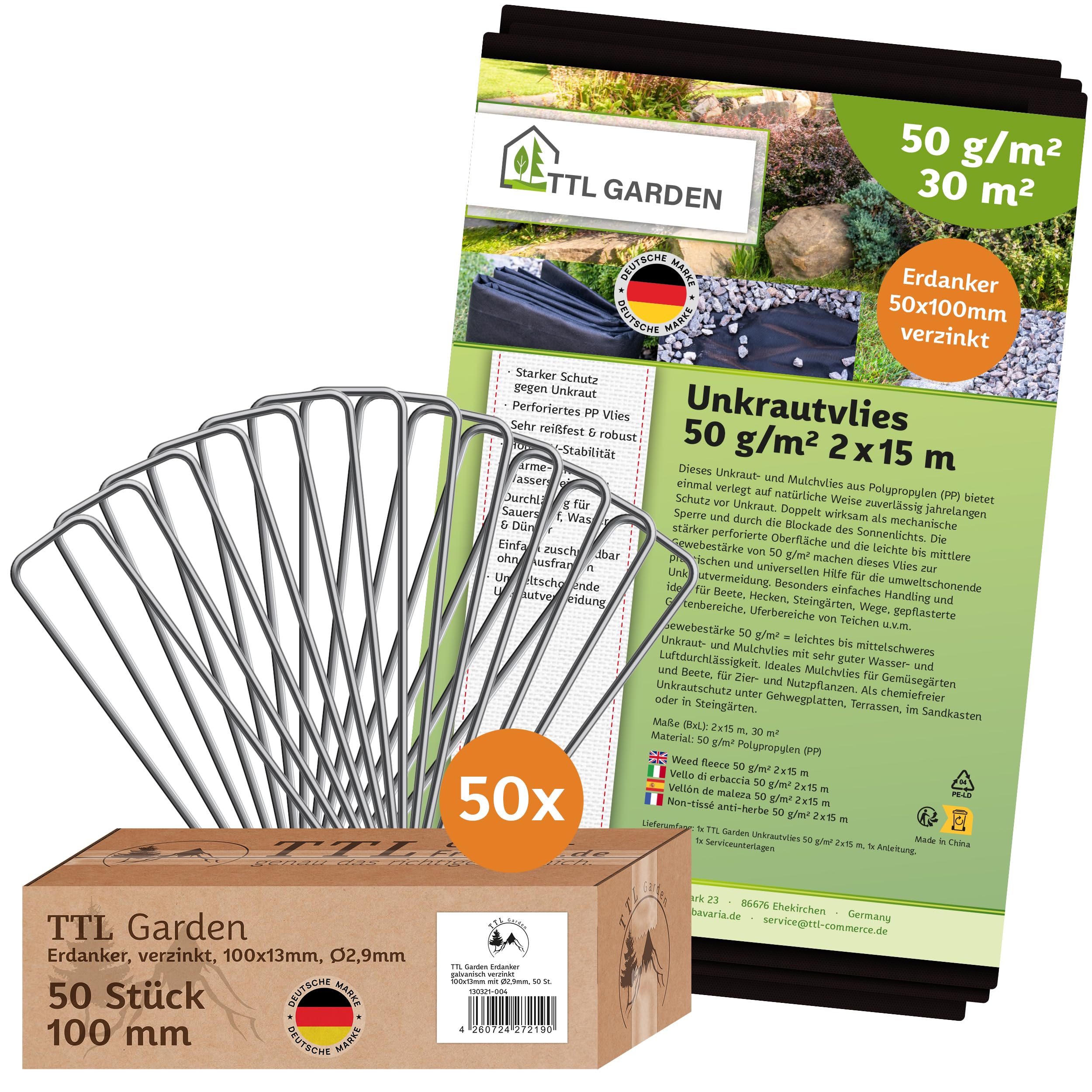 TTL GARDEN 50g/m² Unkrautvlies 30m² 2x15m + 50 Erdanker verzinkt - sehr wasserdurchlässig 15 x 2 m breit gefaltet - Gartenvlies gegen Unkraut reißfest UV-stabil & atmungsaktiv schwarz