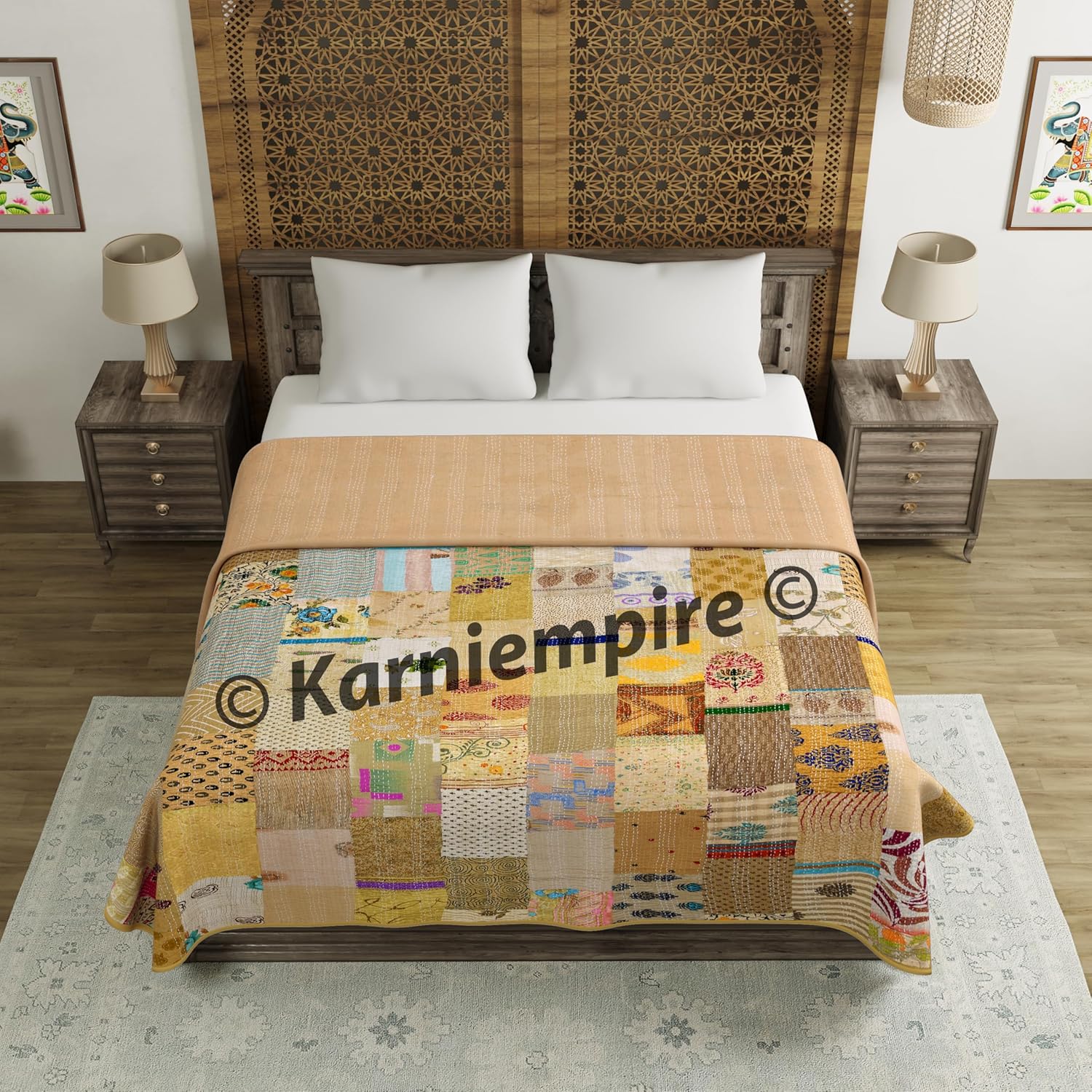 Indian Patchwork Kantha Quilt Throw Handmade Silk Sari Patola Ethnic Reversible Bohemian Bedding Bedspread Vintage Stitched Boho Gudri Blanket Bed Sofa Cover Decorative (Twin [60"X90"], Beige)