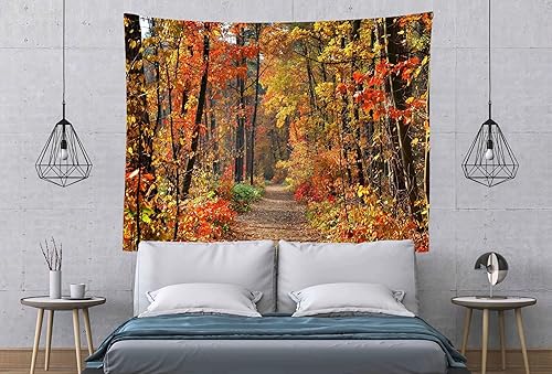 Miniatura 9 de Loccor Tapiz de bosque otoñal de 60 x 50 pulgadas, tapiz de hojas de arce caído, árboles amarillos, camino extra grande, para colgar en la pared,