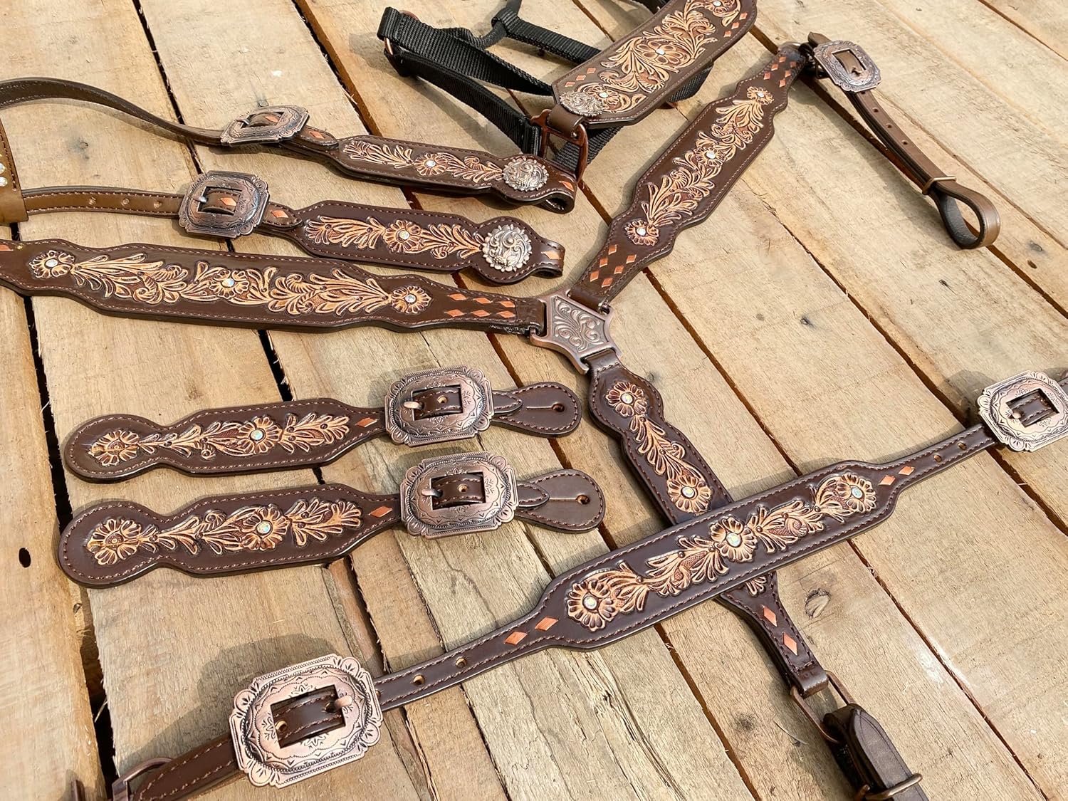 Western-Style Leather Horse Headstall Set, Hand-Tooled Design, Argentina Cowhide, for Western Riding