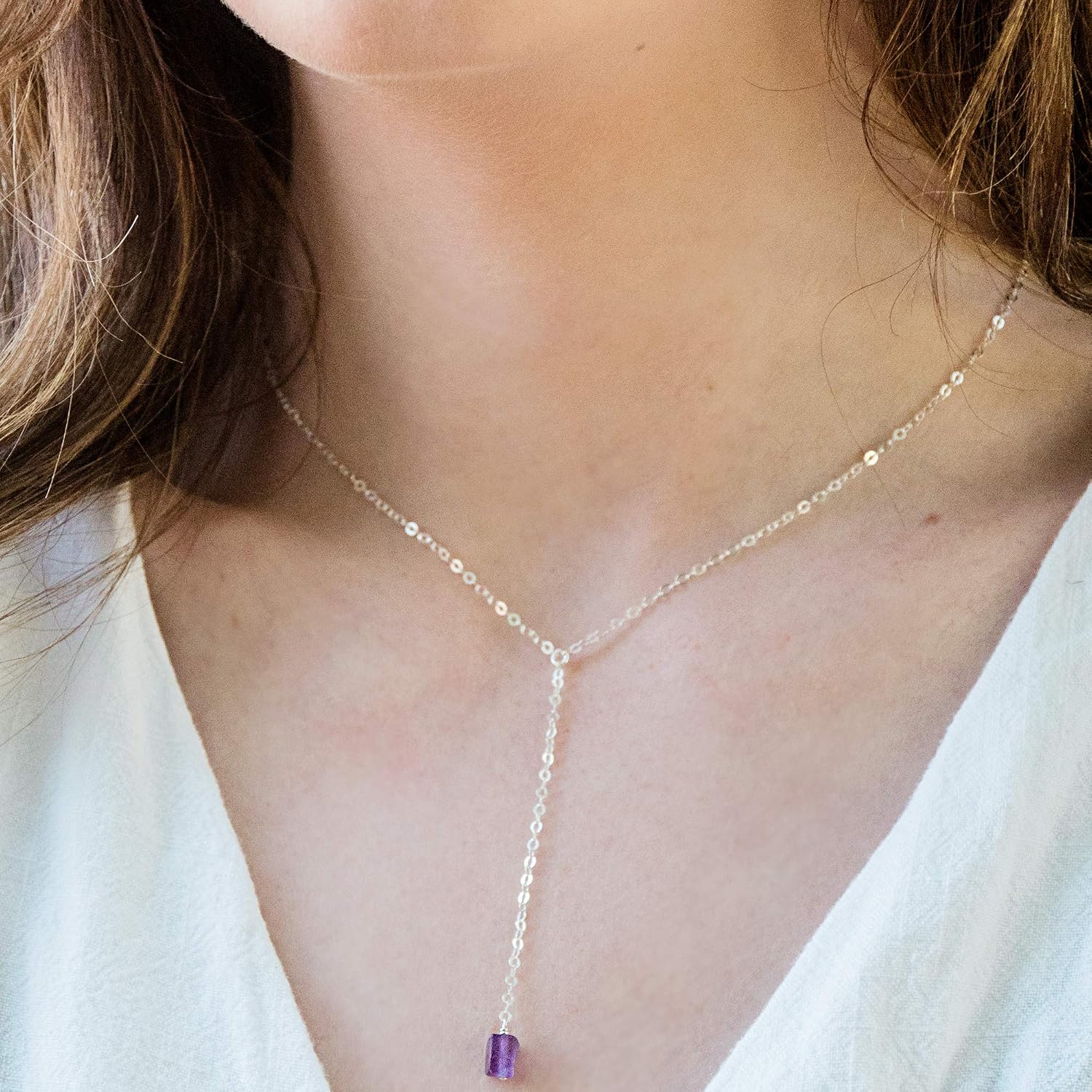 Luna Tide Amethyst Raw Nugget Lariat in Sterling Silver