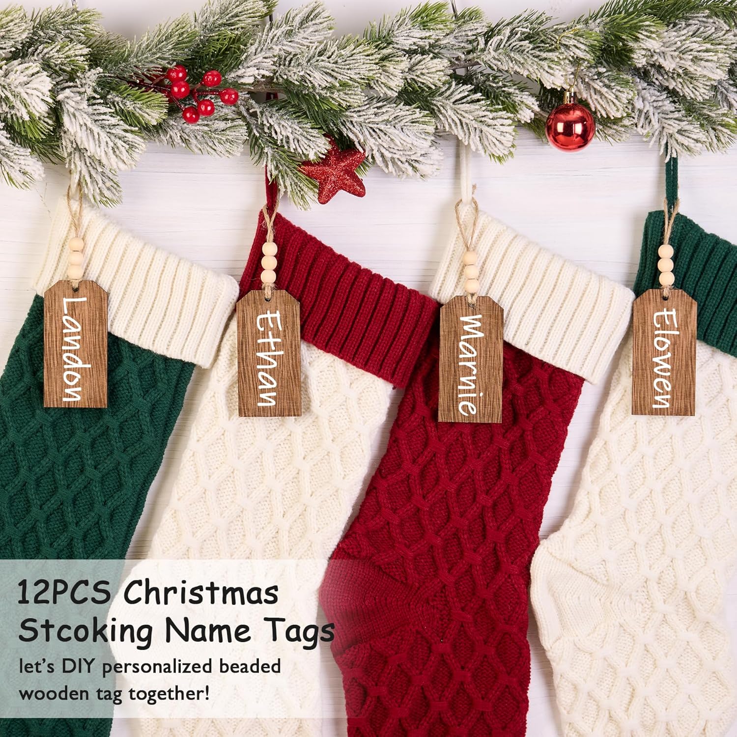 Christmas Stocking Name Tags, DIY Unfinished Wood Bead Tags for Personalization, 12 Pieces - Image 6