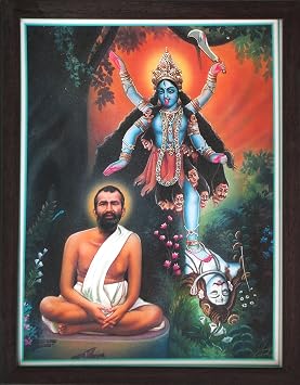 HandicraftStore Ram Krishna Paramhans Meditating Maa Goddess Kali, a Rare Hindu Religious Poster Painting with Frame for Worship