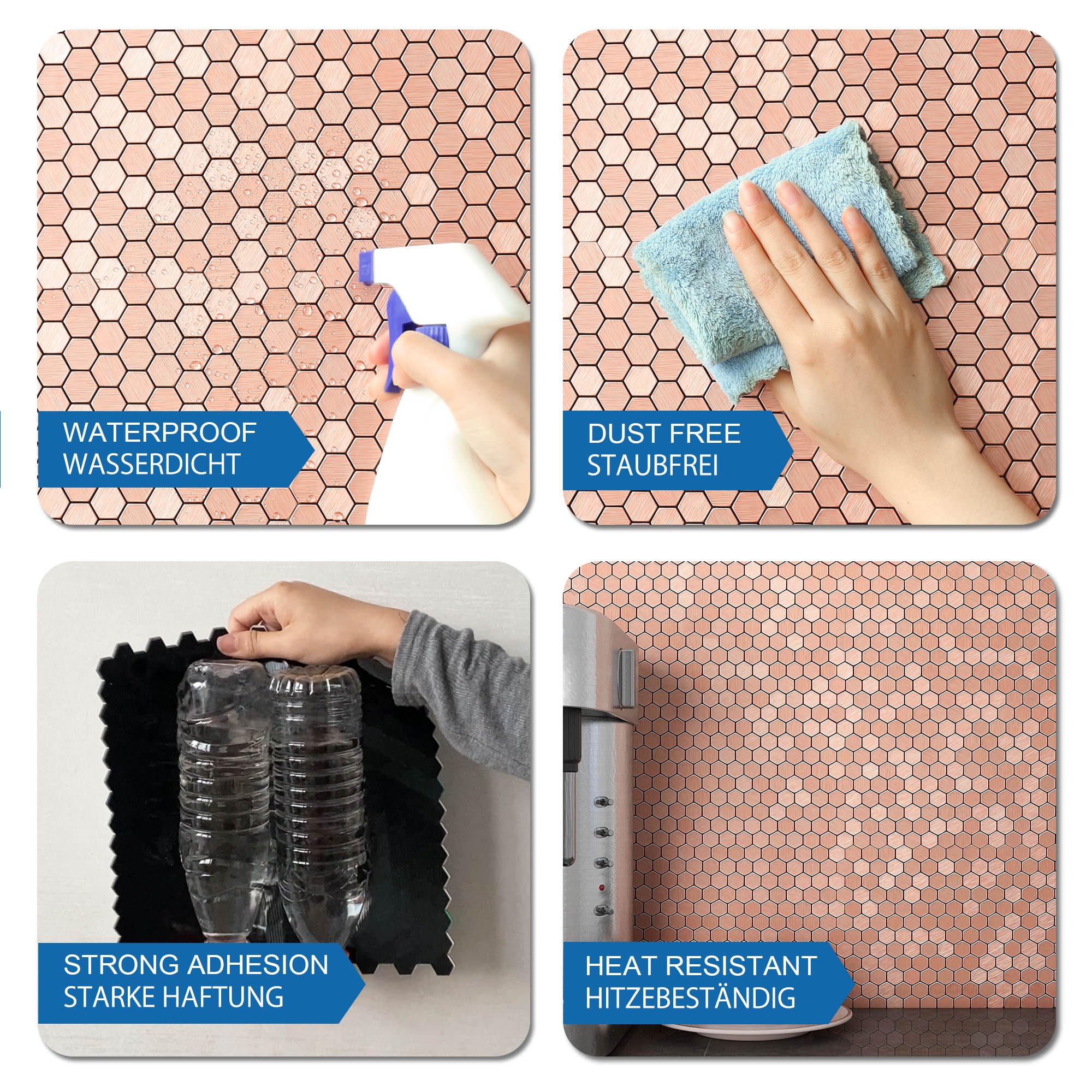 Azulejos de mosaico de metal de acero inoxidable para despegar y pegar, azulejos de mosaico de metal para salpicaduras de cocina detrás de la estufa (5 hojas, hexagonal)