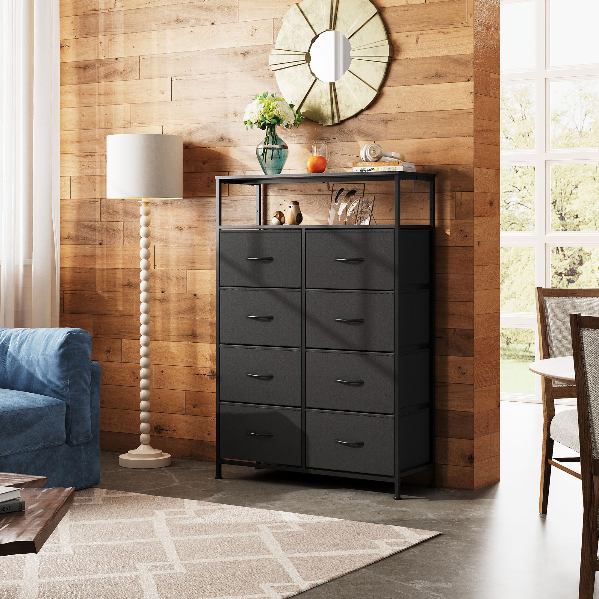 Amazon.com: WLIVE Fabric Dresser for Bedroom with Open Shelves, Tall Black  Dressers with 8 Drawers, Storage Tower with Fabric Bins, Chest of Drawers  for Closet, Living Room, Hallway : Home & Kitchen