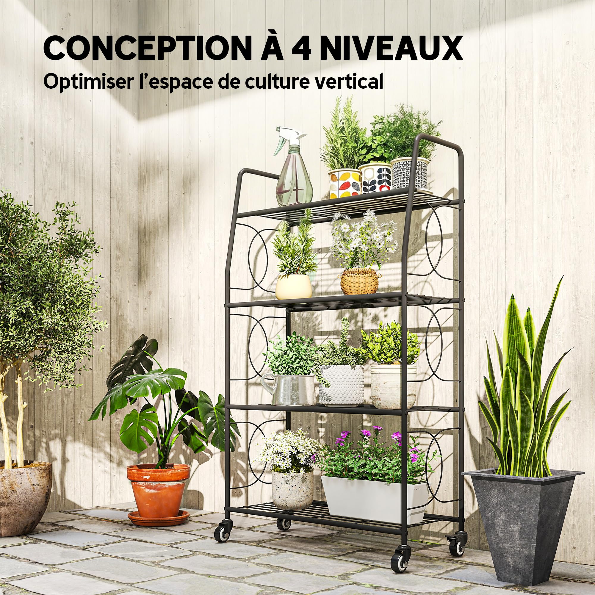 Outsunny Étagère à Fleurs Extérieur 4 Niveaux Roues 67x29x114 cm Noir | Intérieur, Support de Plantes, Étagère à Plantes, Jardin, Balcon, Salon
