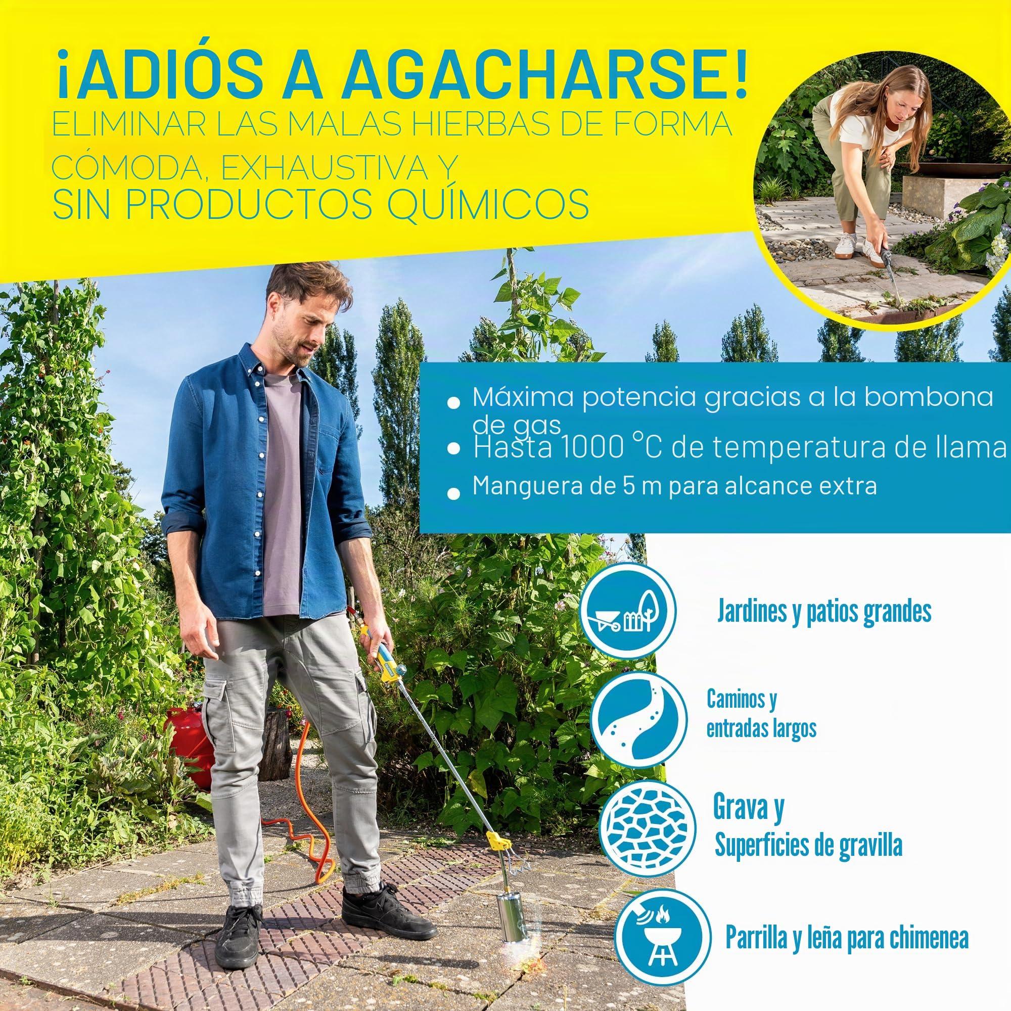 Gloria Bio Professional Plus - Juego de Quemador de Malas Hierbas a Gas, Potente y Duradero, para Grandes Superficies, conexión a Cartucho de Gas a presión, para la maleza del jardín y de los Caminos
