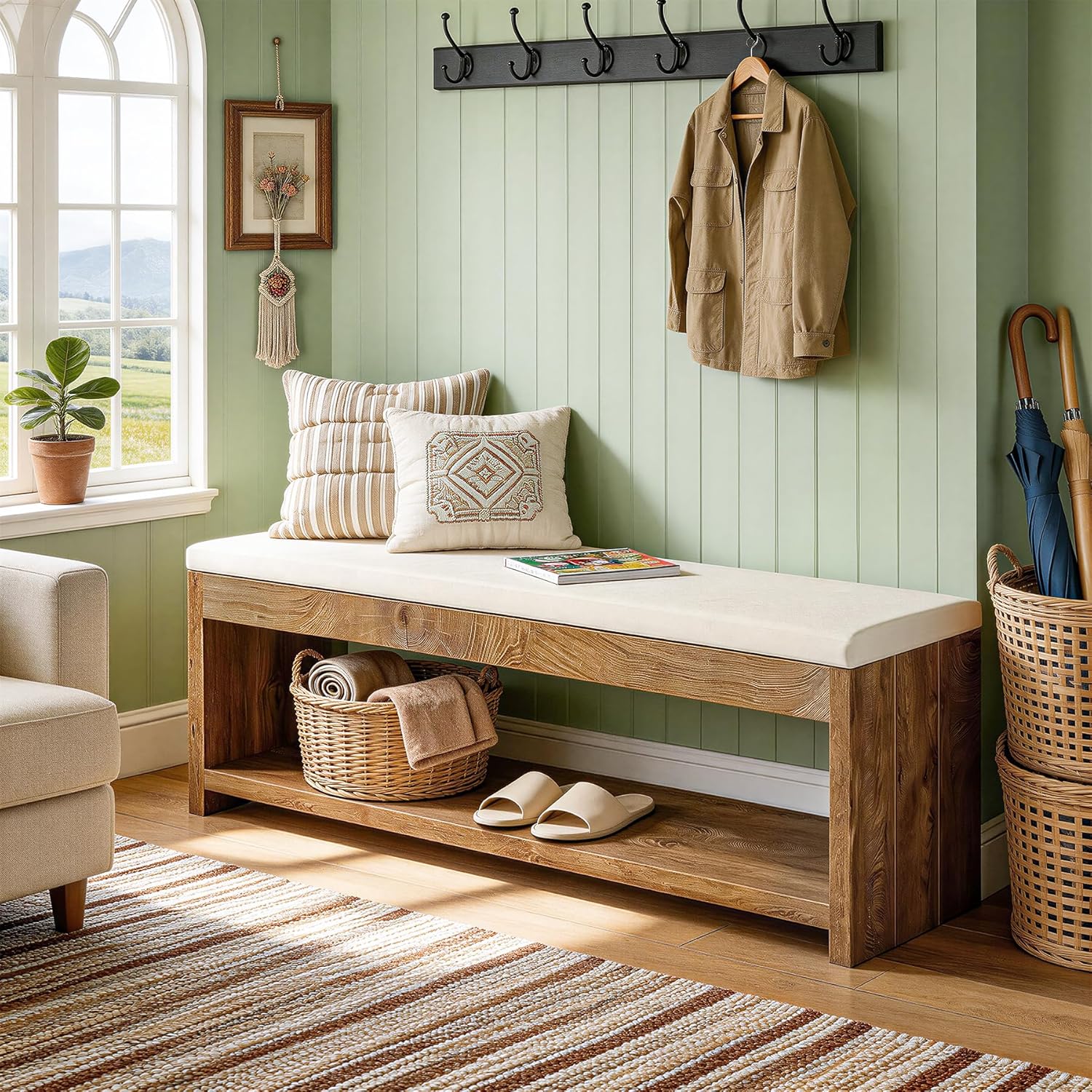 Tribesigns Entryway Bench with Storage, 55.1-Inch Wooden Shoe Bench with Cushion and Shoe Rack for Living Room Hallway