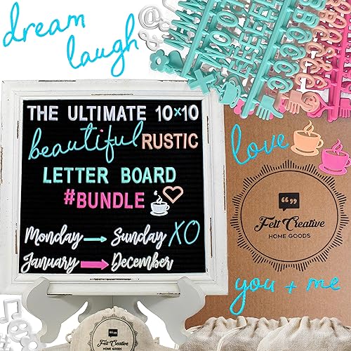 Felt Creative Home Goods - Tablero de letras de fieltro rústico, paquete definitivo, marco y soporte de madera blanca vintage, juego de 800 letras