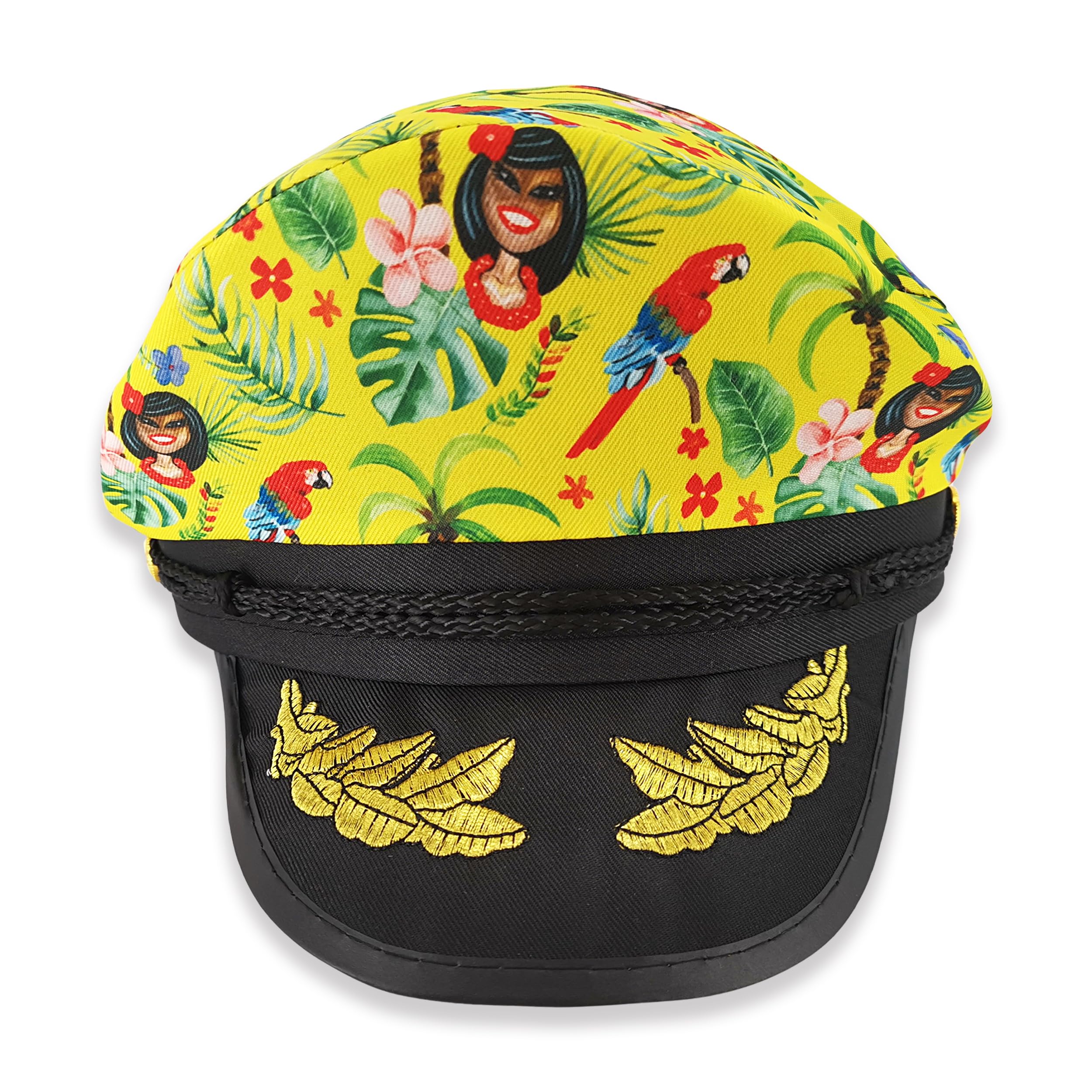 Pohotobooth Props Ltd Party Captain Police Hat – Fancy Dress Nautical Party Accessory for Hen Do, Stag Night, Halloween, Festivals, Pride, Beach & Themed Event (Yellow Hawaiian Tropical Vibes)