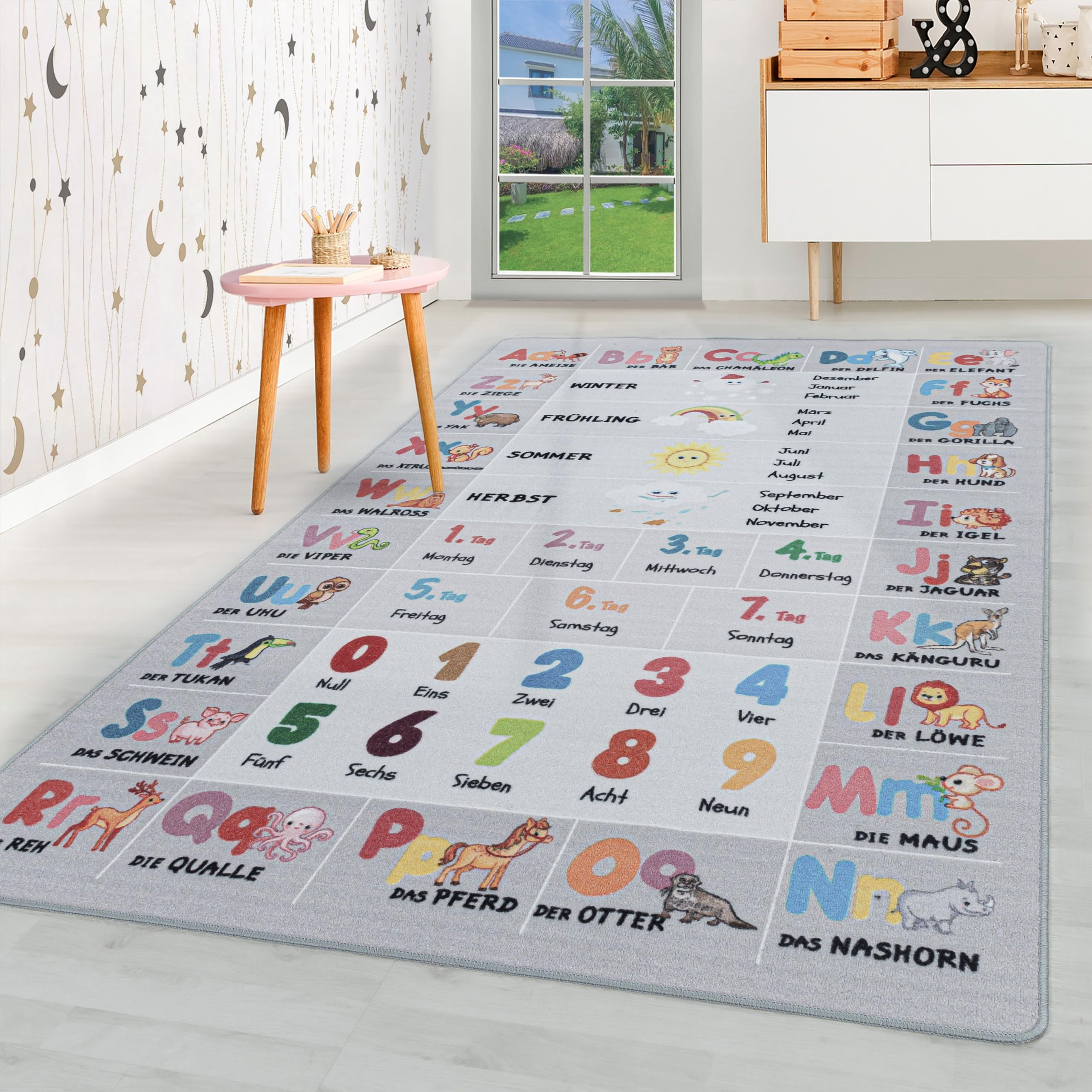 HomebyHome Alfombra para niños Pila Corta Letras Números Diseño Habitación de los niños de los bebés Suave y Lavable Rectangular Chicas jóvenes Gris, Color:Gris, Tamaño:100x150 cm