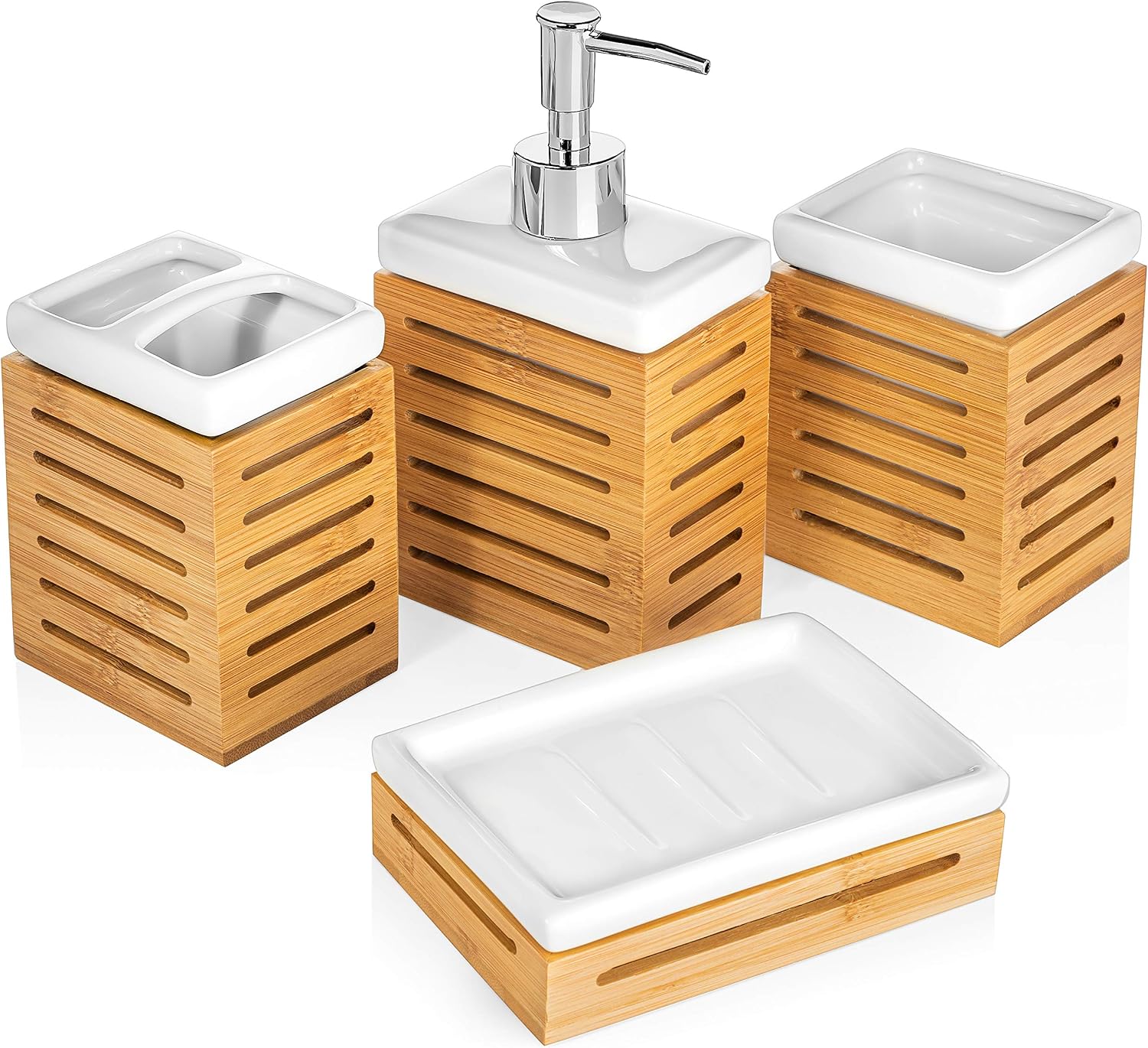 Homevative 4 Piece Bathroom Accessories Set, Ceramic and Natural Bamboo, Great for Any Bathroom Style
