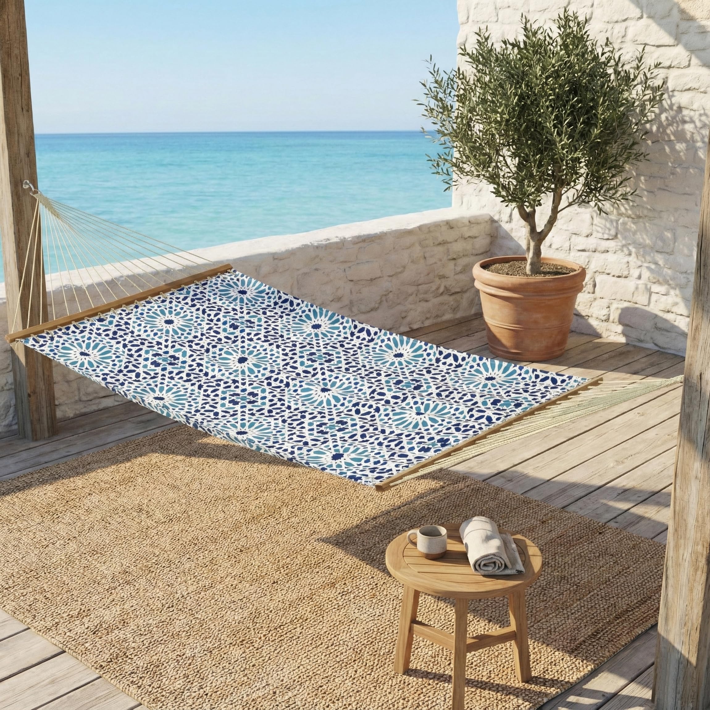 Fab Habitat Farmhouse Recycled Polyester Hammock - Mosaic Tile - Blue - Indoor/Outdoor, Quick Dry, 2 Person 460 lbs Capacity - Patio, Poolside,