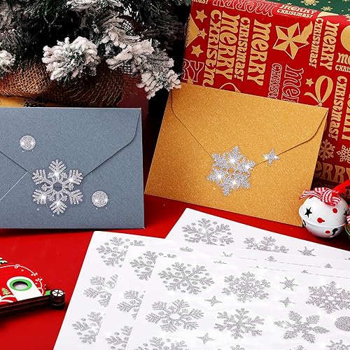 Miniatura 3 de 20 hojas de calcomanías para sellos de sobres de Navidad, calcomanías de copos de nieve con purpurina, calcomanías de copo de nieve de Navidad,