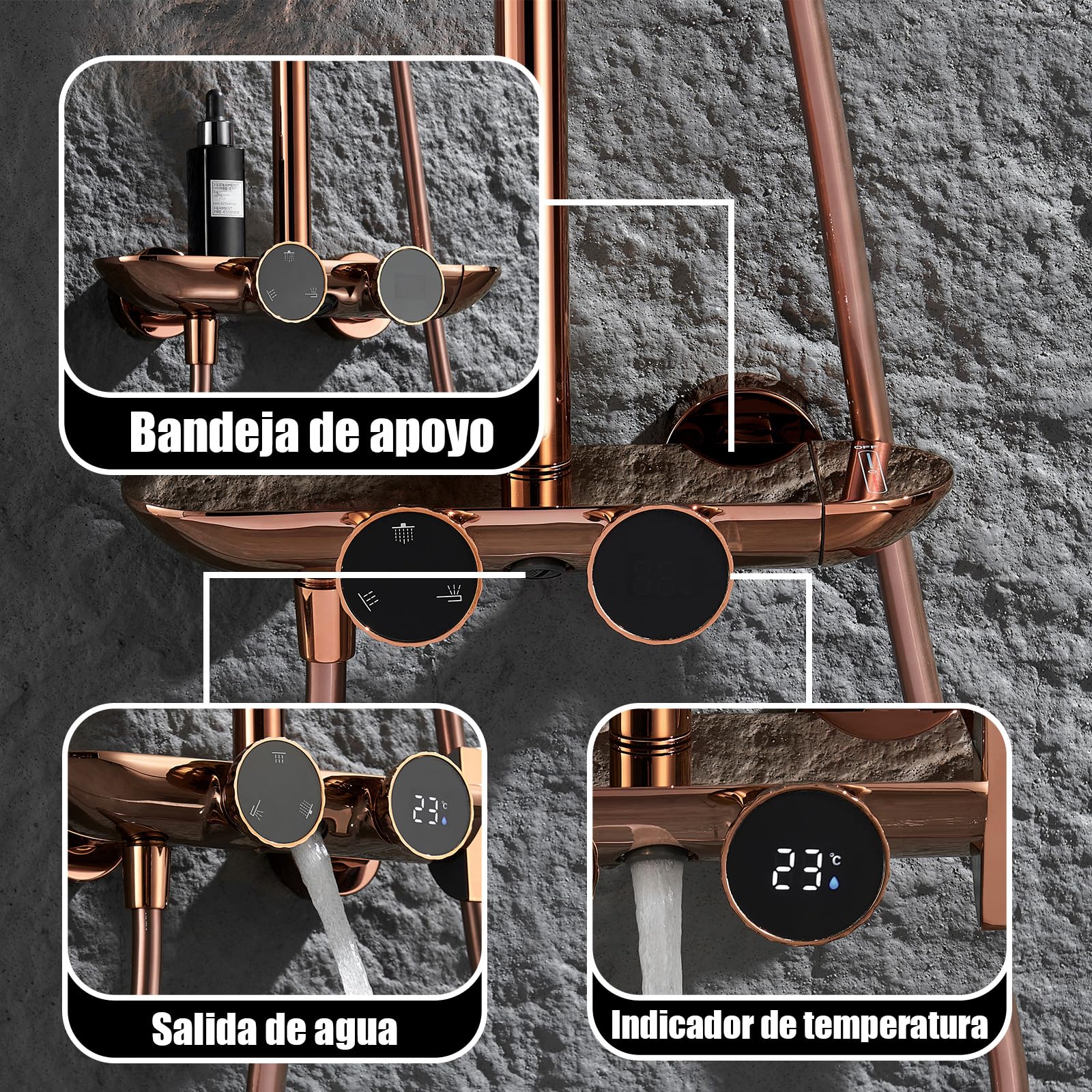 Columna Ducha con Grifo con Pantalla Digital, Rociador Superior 25cm | Sistema de Ducha de Latón, Lluvia Columna de Baño Multifuncional, Altura Ajustable, Ducha de Mano de 3 Modos, Oro Rosa