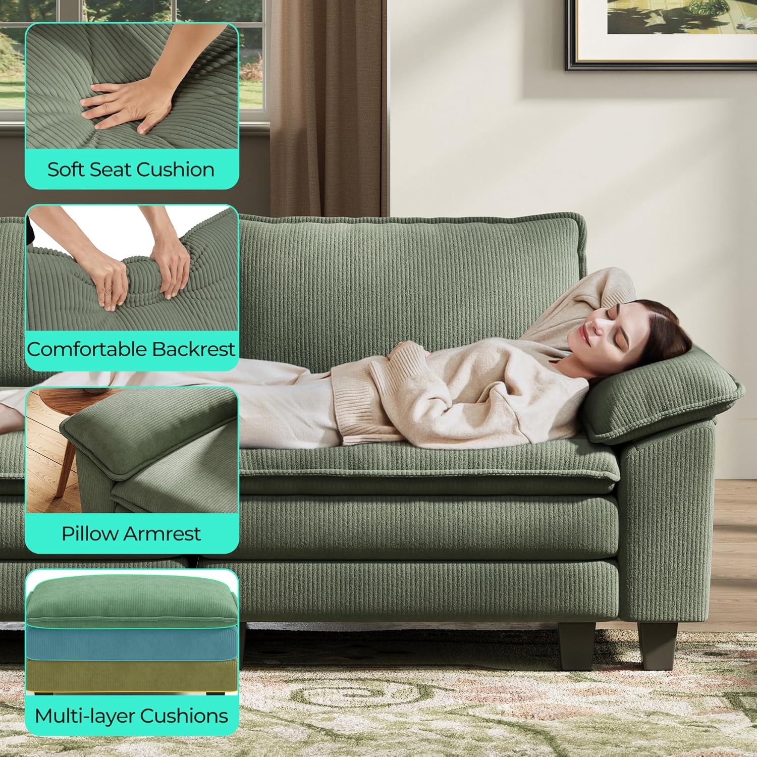 LINSY HOME 90 Cloud Loveseat Sofa Modular Sectional Couches Corduroy Cloud Couch Soft Modern Comfy Love Seat Sofa Set for Living Room Apartment Office Green