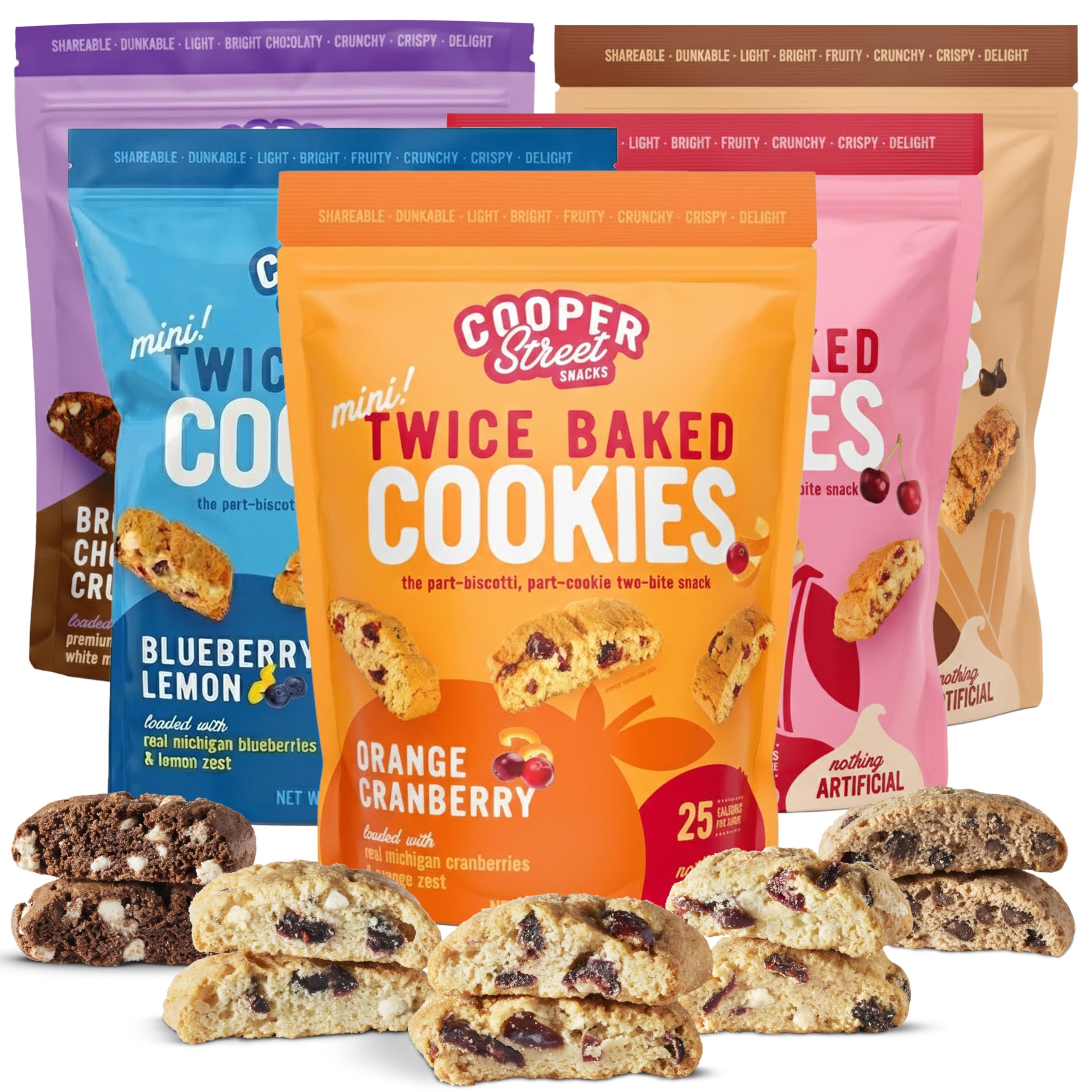 Cooper Street Twice Baked Biscotti Cookies Variety Pack - 5 Pack (5oz Each) - Light and Crispy Coffee Cookies 5 Flavors Assortment - Low-Calorie Snacks for Adults & Kids - Dairy & Peanut Free, Kosher