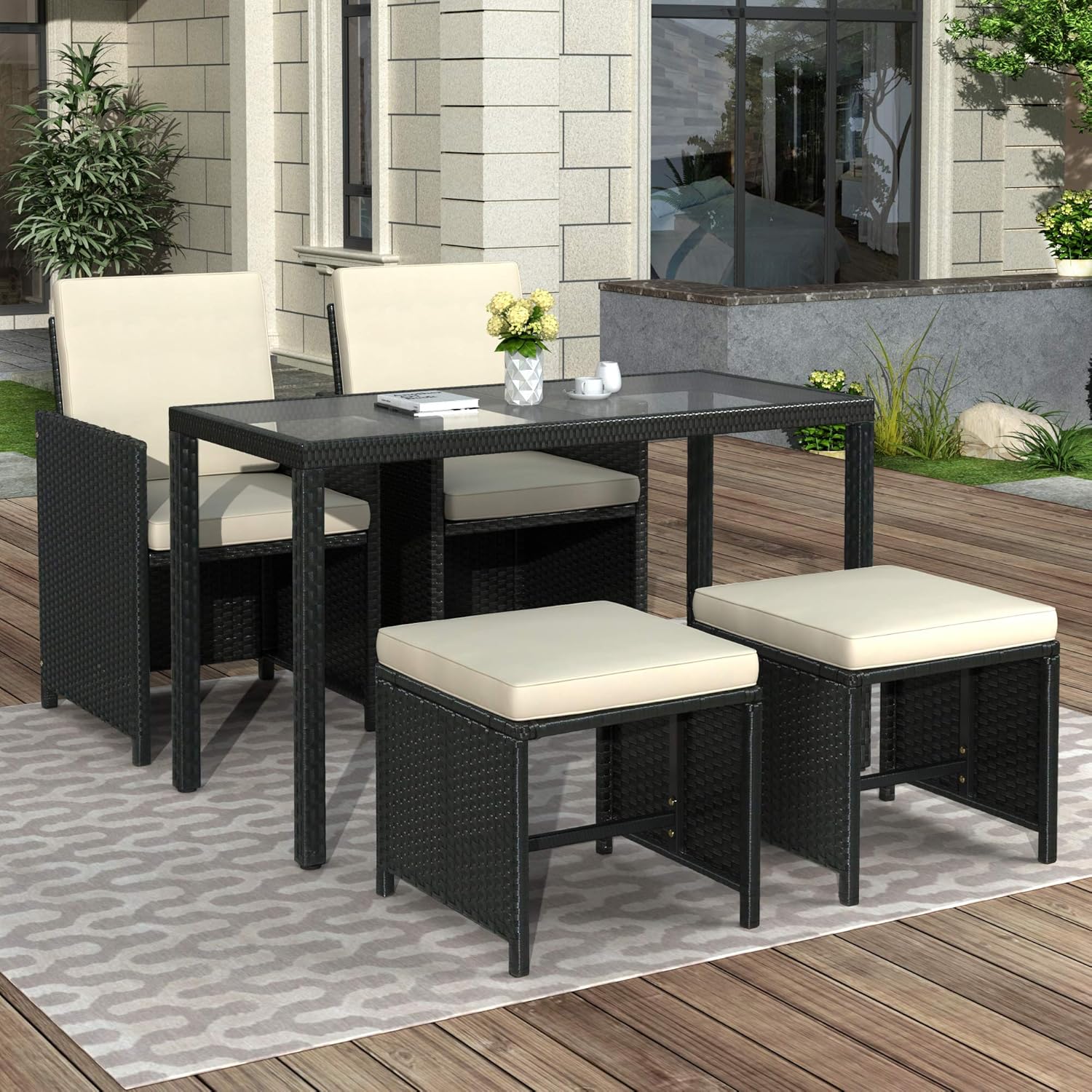 Merax 9 Piece Outdoor Patio Dining Wicker/Rattan Table, Cushioned Seating Chairs and Stools Furniture Sets for Garden, Beige/9-Piece : Everything Else