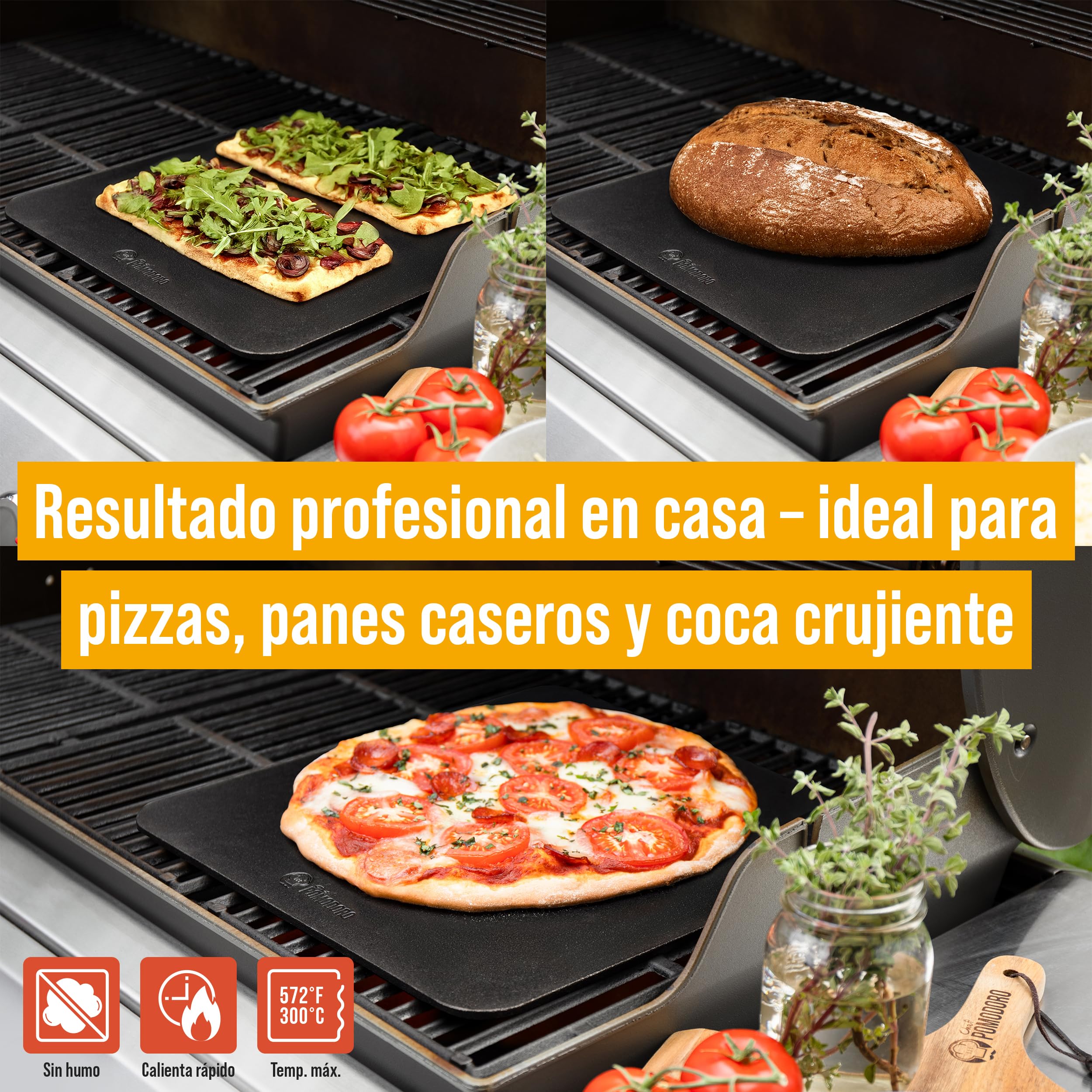 Chef Pomodoro Piedra Pizza Horno 40,6 x 40,6 cm (6,35 mm), Placa Acero Horno Pizza, Placa Acero Pizza, Plancha, Pedra Para pan y pizza, Tabla de Piedra en acero con orificios para levantar